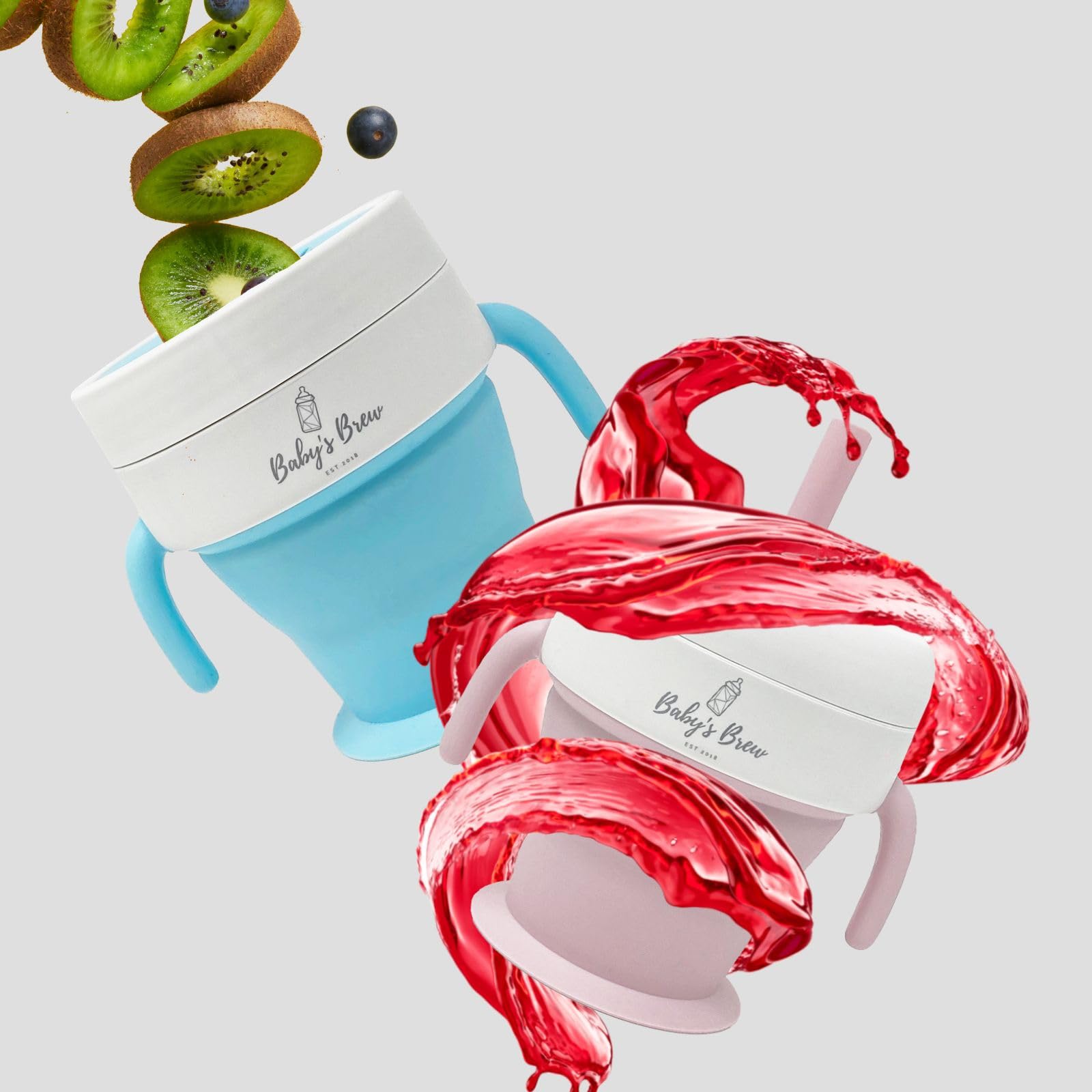 Baby's Brew The 2 en 1 - Taza plegable para aperitivos y pajita, color azul