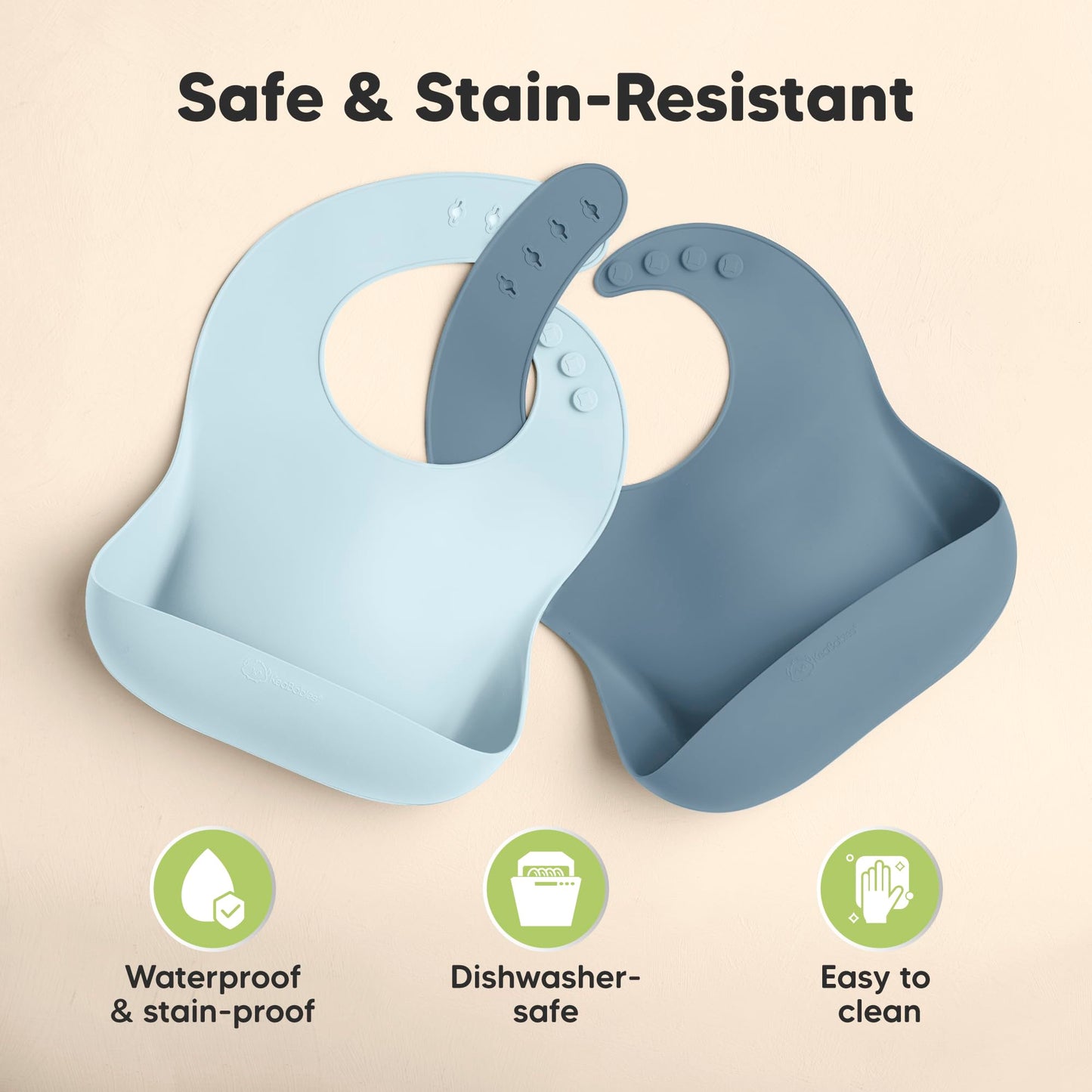 KeaBabies - Paquete de 2 baberos de silicona de grado alimenticio resistentes para bebés, niñas, niños, gran colector de alimentos, limpiar y poner fácilmente, esenciales de alimentación para niños