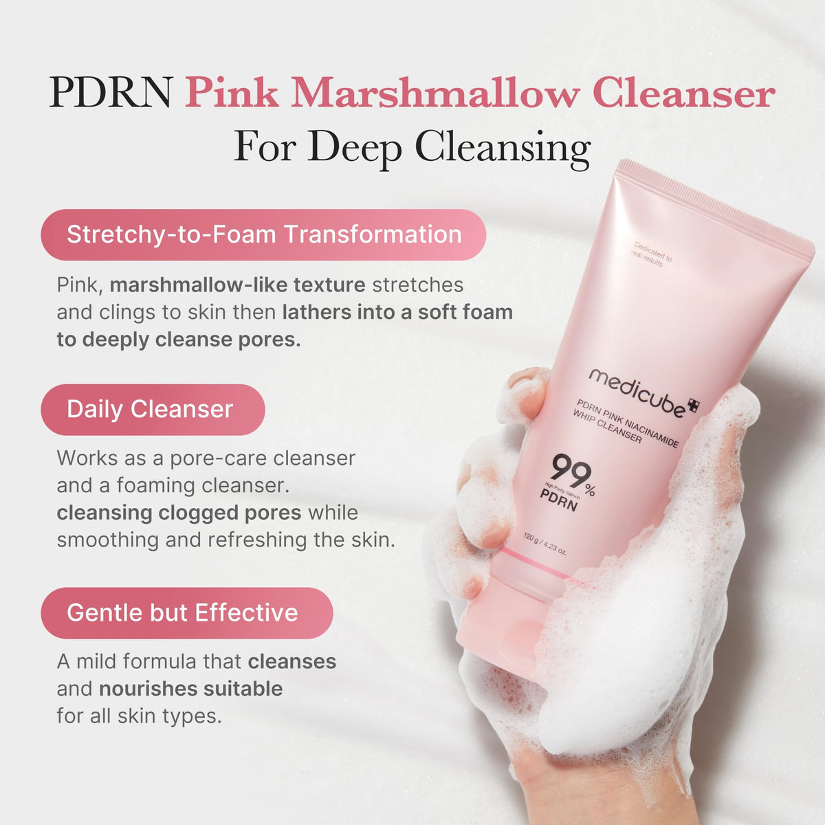 MEDICUBE PDRN Pink Niacinamide Whip Cleanser, Limpiador Facial Coreano en Espuma con PDRN de Salmón 99% Puro, Niacinamida, Ácido Hialurónico y Ceramidas, 120 g