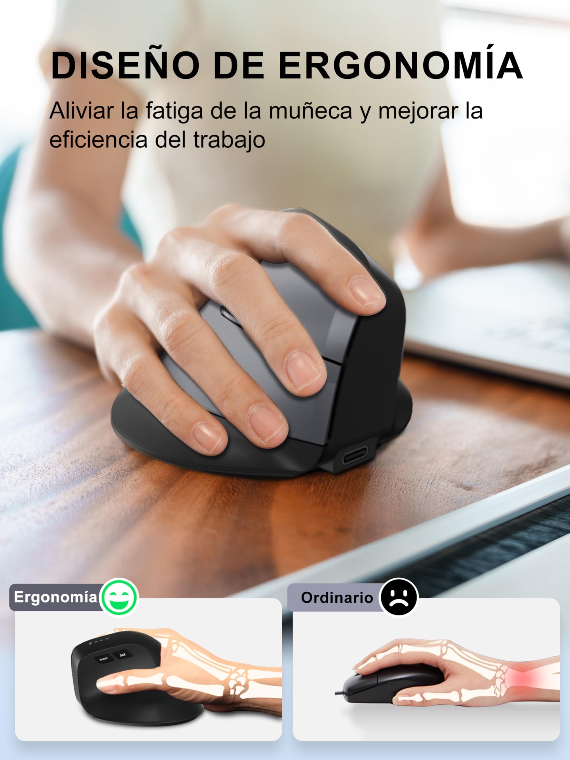 Ratón Vertical Bluetooth 5.2 Minielec Negro Ergonomía Recargable USB C 2.4Ghz 3 Niveles dpi