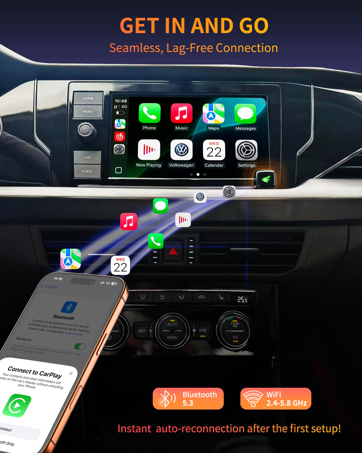 Adaptador Inalámbrico CarPlay iPhone y Android Auto Converter Plug and Play para Coches 2016+