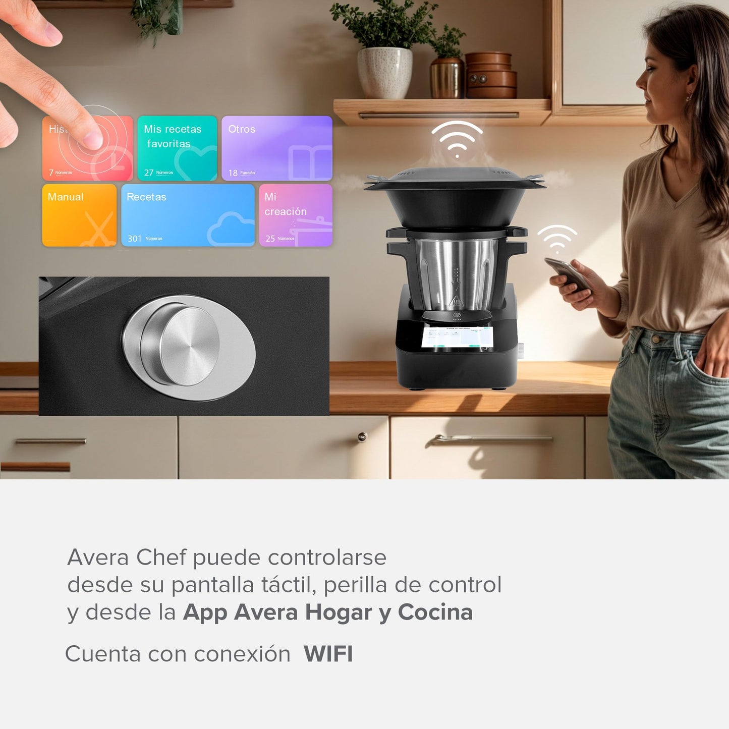 Avera Chef | Robot de Cocina Inteligente WiFi con Báscula y Recetario Digital (+1000 Recetas) | 30 Funciones: Guisar, Batir, Amasar | Pantalla Táctil, Vaporera | Capacidad 4.7 L | RC01