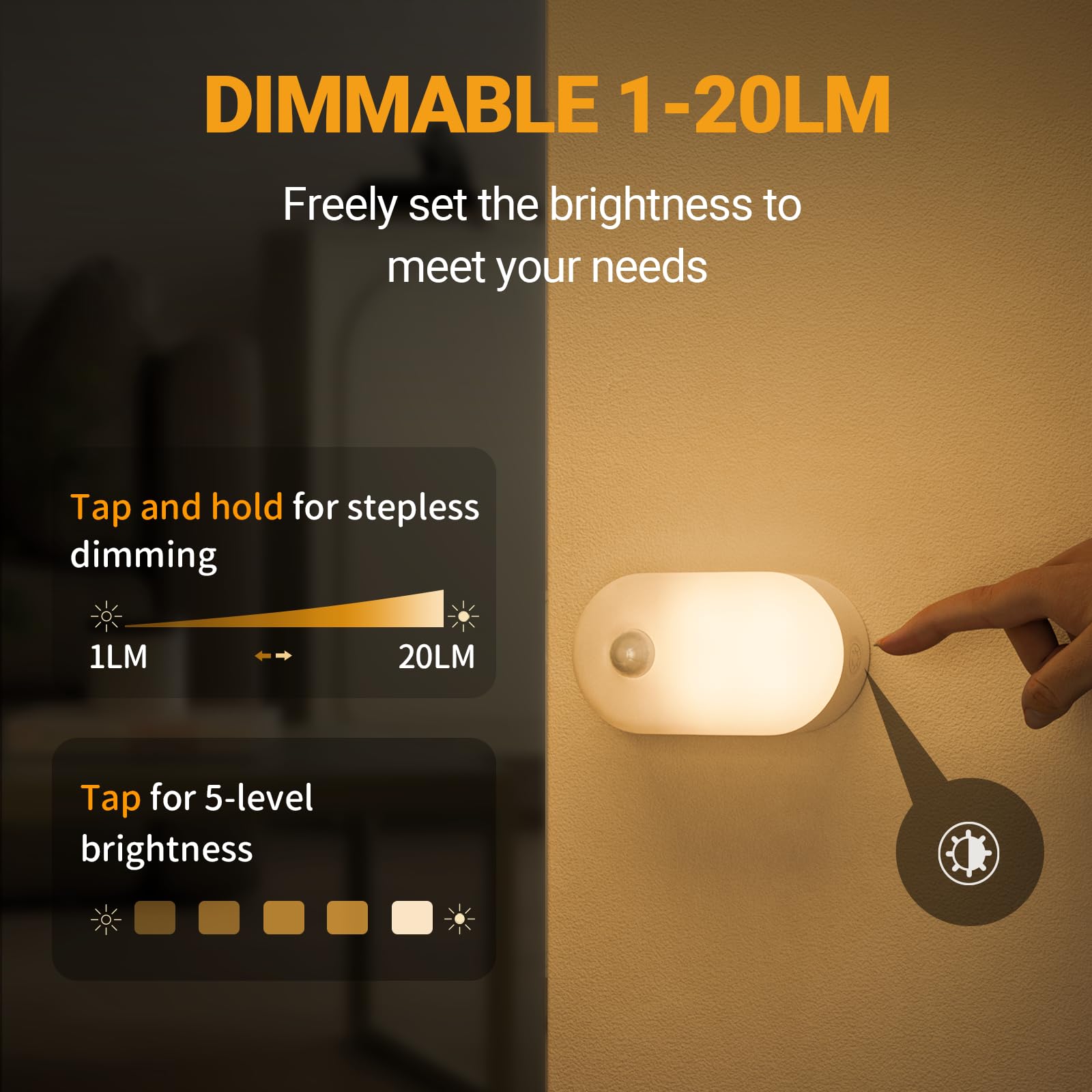 Lyridz - Luz nocturna recargable con sensor de movimiento, mini luz LED blanca cálida para clóset, brillo ajustable para baño, recámara, cocina, clóset, escaleras, pasillo, paquete de 2