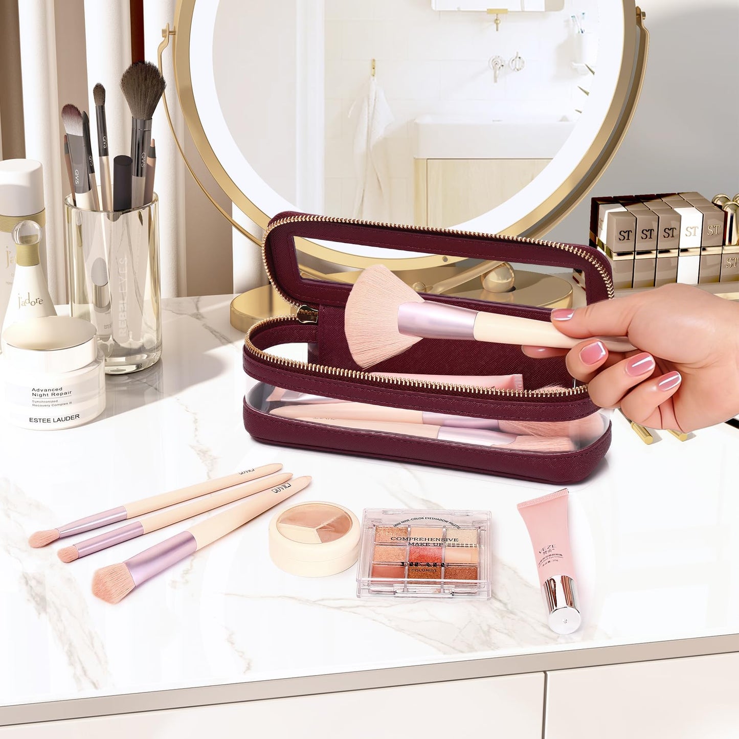 Pinkmik - Estuche para brochas de maquillaje transparente de viaje y neceser, bolsa de maquillaje pequeña con cierre, organizador para mujer, B2/Borgoña, SLIM-1