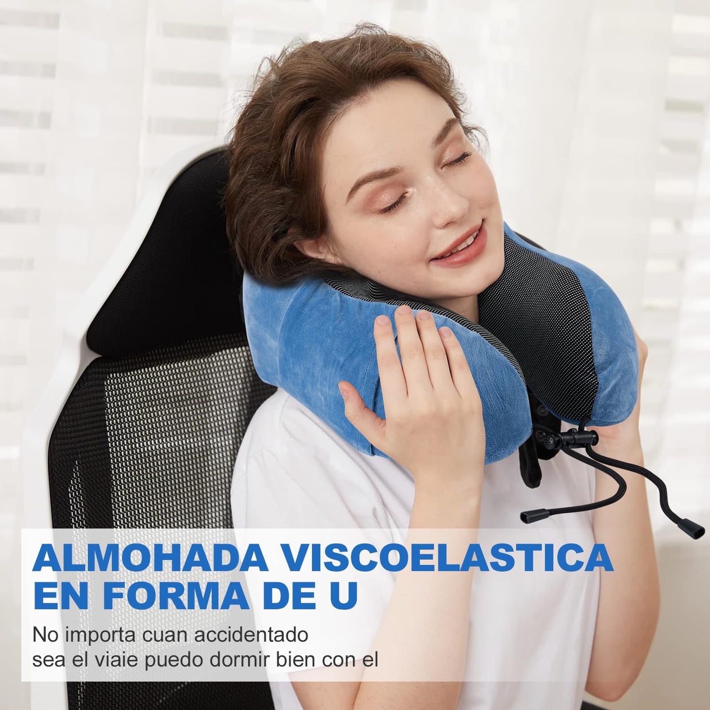Almohada de Viaje, Almohada de Cuello Viscoelástica de Espuma de Memoria con Máscara de Ojos, Tapones para los oídos y Nariz, y Bolsa con Cordón, Soporte de Cuello para Avión, Oficina y el Hogar(Azul)