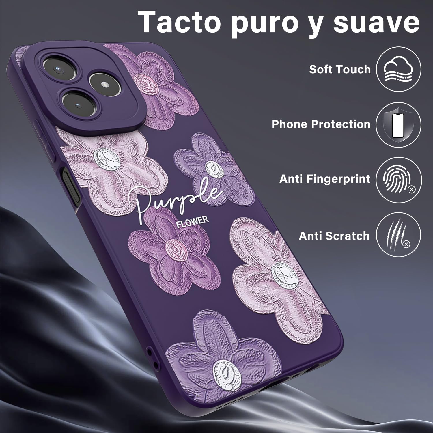 Threehao Funda para Realme Note 50 Case Uso Rudo, Ultra Delgado Flexible Púrpura Suave TPU Silicona Carcasa con Moda Aesthetic Dibujos Flores, Antigolpes Anti-arañazos Protectora