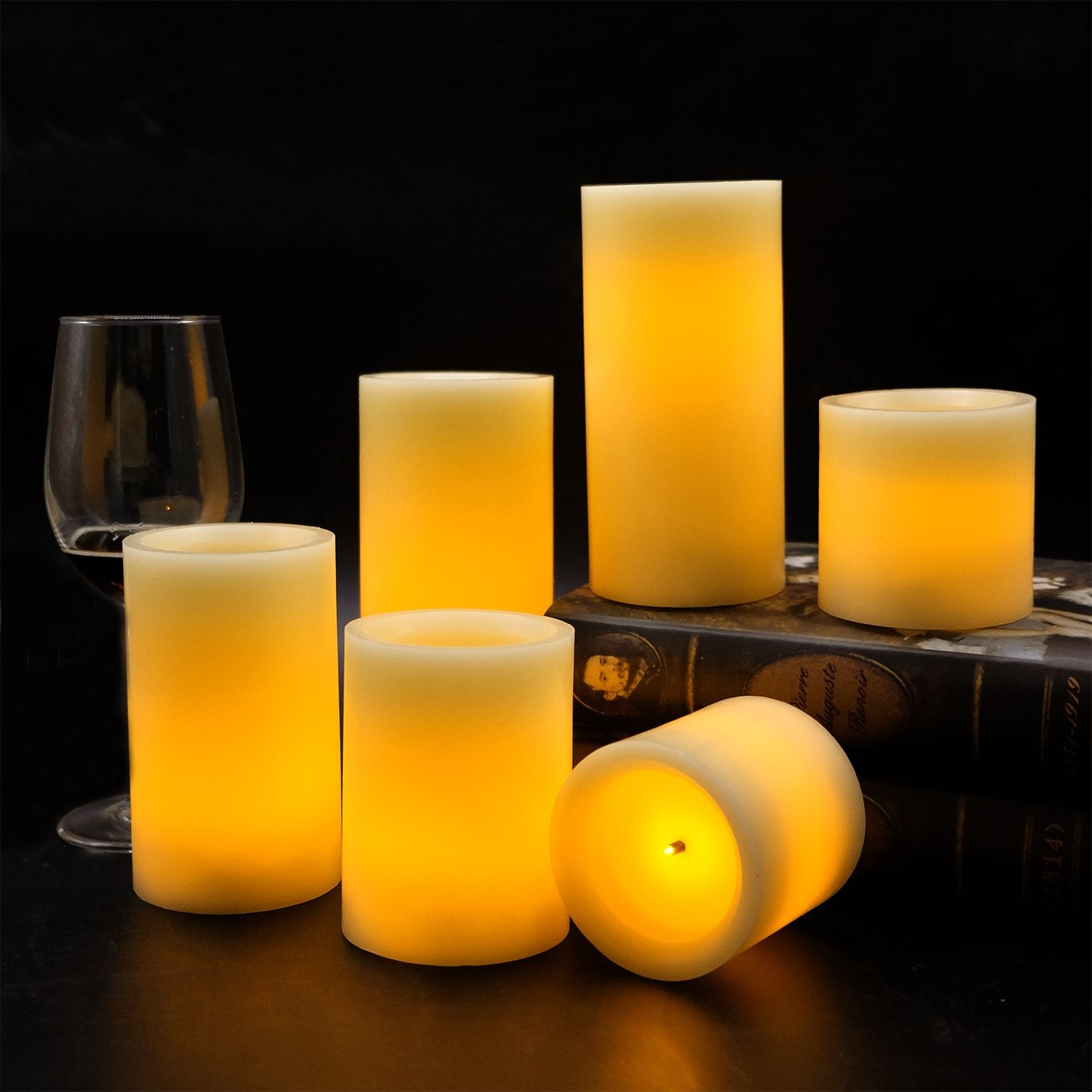 DRomance - Velas con temporizador remoto sin llama, funciona con pilas, juego de 6 velas LED de fibra óptica de cera real, decoración navideña (D3 pulgadas, altura de 3 pulgadas, 4 pulgadas, 5 pulgadas, 6 pulgadas y 7 pulgadas)