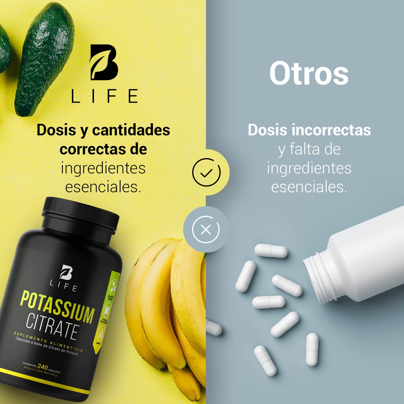 B Life Company Citrato de Potasio 800 mg de Potasio (Provenientes de 1000 mg). Ingredientes Naturales de 240 Cápsulas. Potassium Citrate