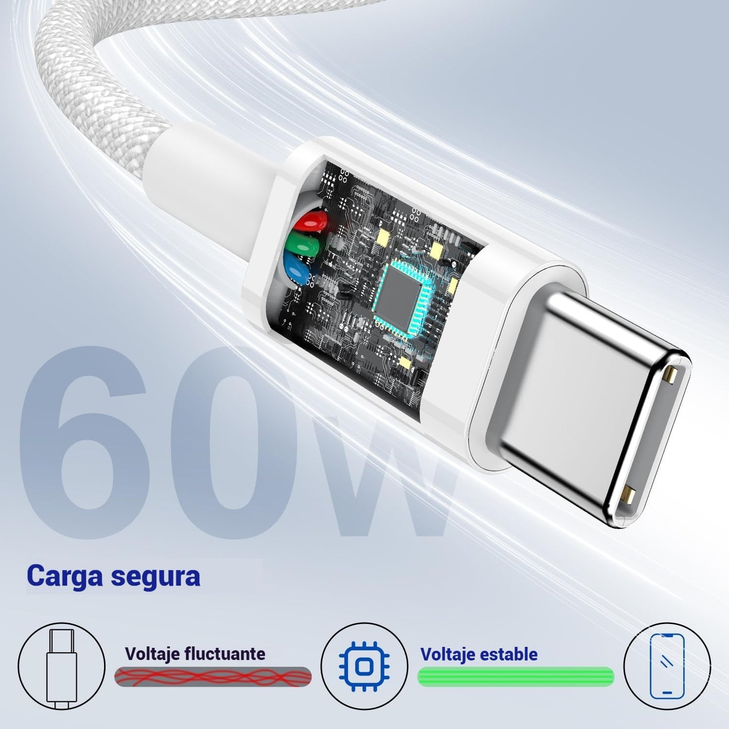 Cable USB C Yoele Blanco Carga Rápida Trenzado 1M 60W para iPhone, Galaxy y más