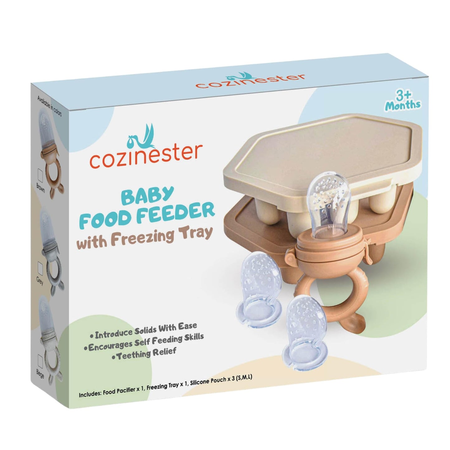 Cozinester - Chupete alimentador de alimentos y frutas para bebés con bandeja de congelación para preparación de lotes, chupete autoalimentable para bebés con 2 bolsas de silicona de diferentes