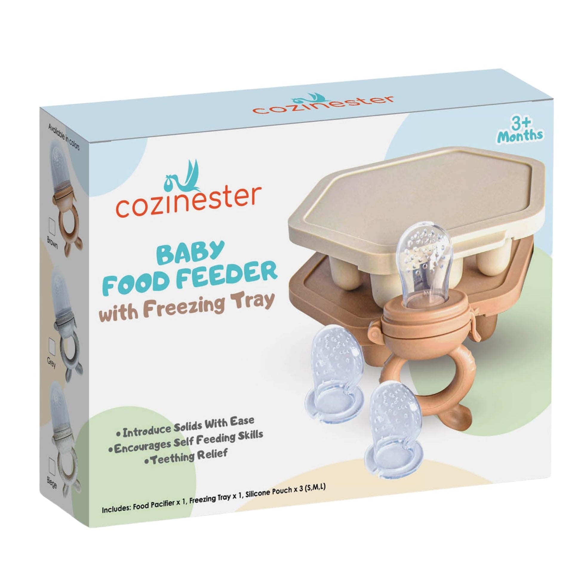 Cozinester - Chupete alimentador de alimentos y frutas para bebés con bandeja de congelación para preparación de lotes, chupete autoalimentable para bebés con 2 bolsas de silicona de diferentes