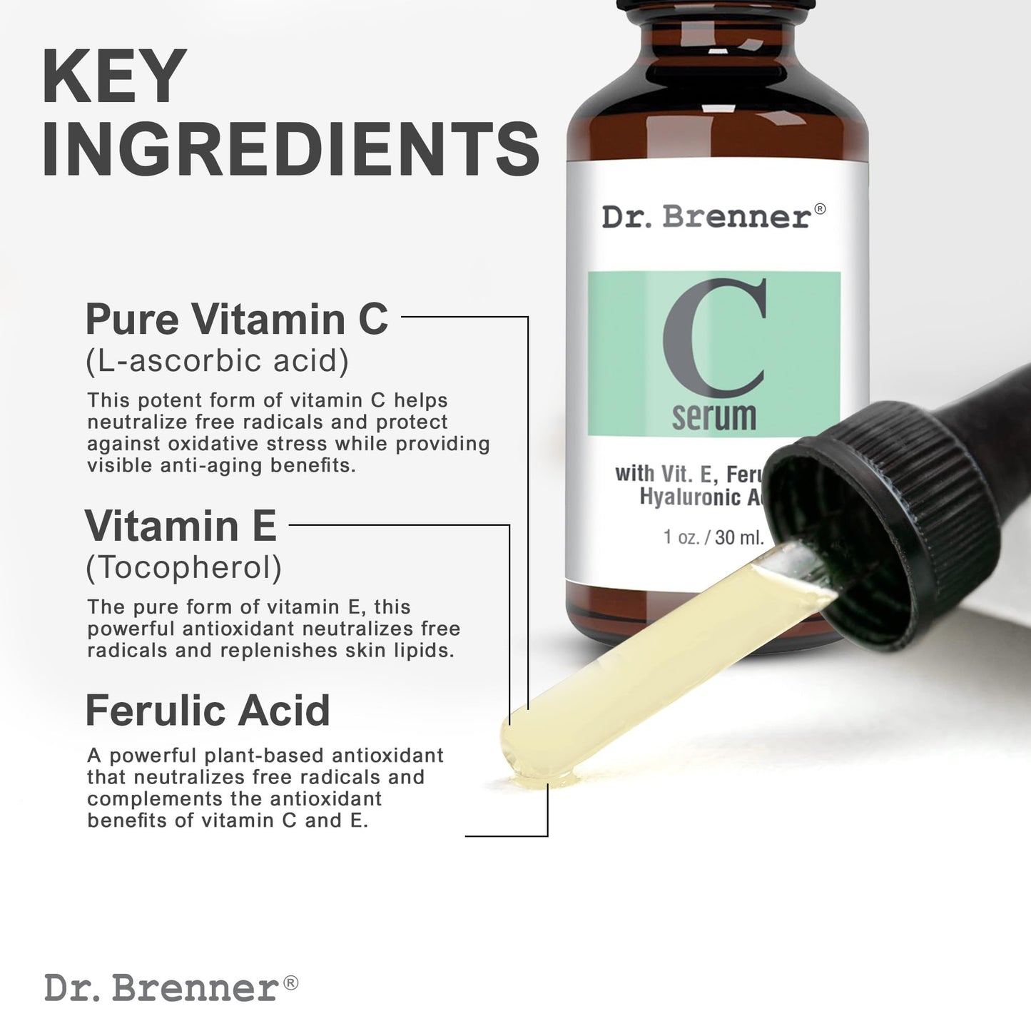 Dr. Brenner Suero de vitamina C 20% puro ácido L-ascórbico, ácido ferúlico, vitamina E y ácido hialurónico para cara y ojos, natural, antienvejecimiento, antiarrugas, 1 onza. por Dr. Brenner (1 onza)