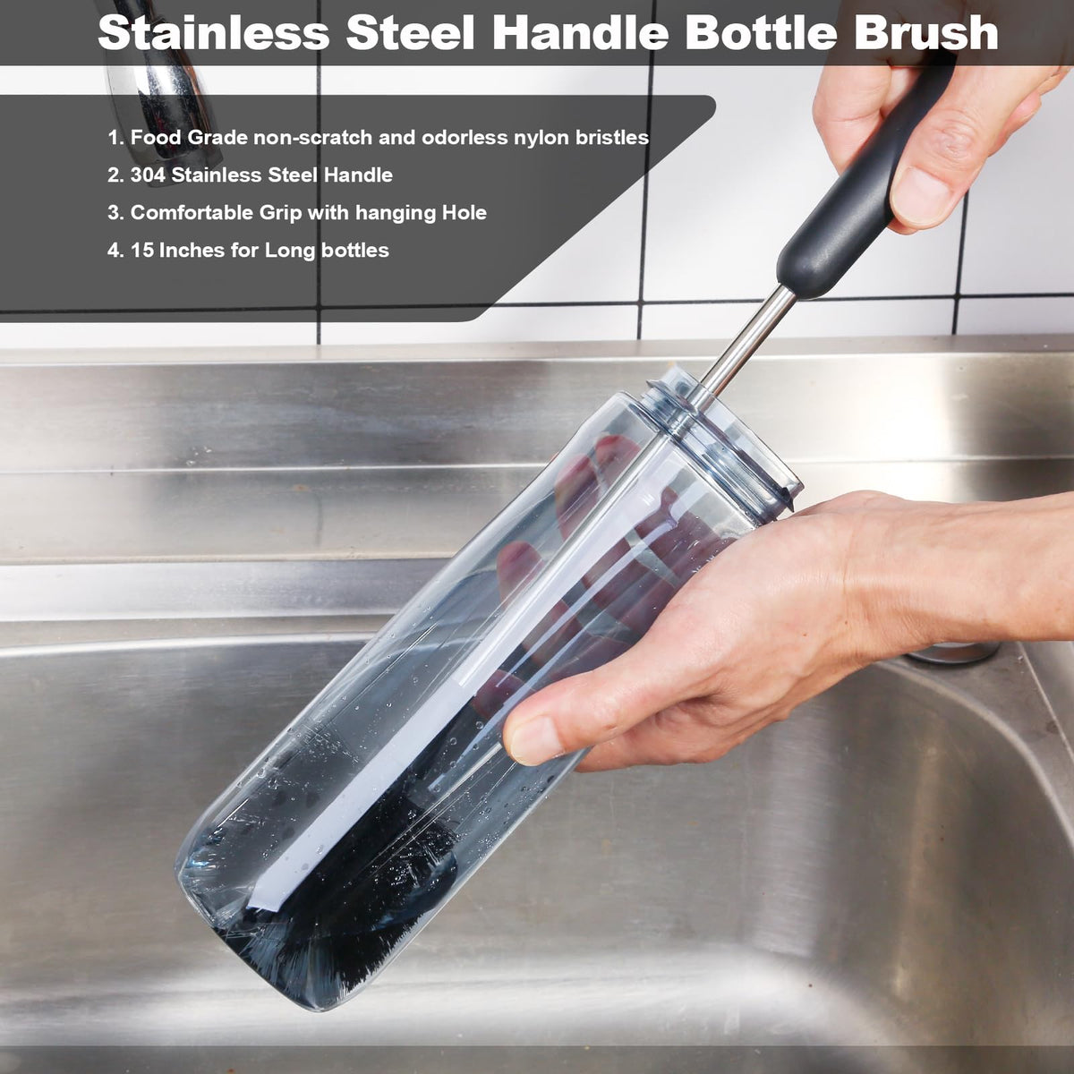 Cepillo para botella de agua con limpiador de pajilla, mango de acero inoxidable de 15 pulgadas, cepillo limpiador para biberones, cepillos de limpieza para cocina para tazas, copas de vino, tazas de