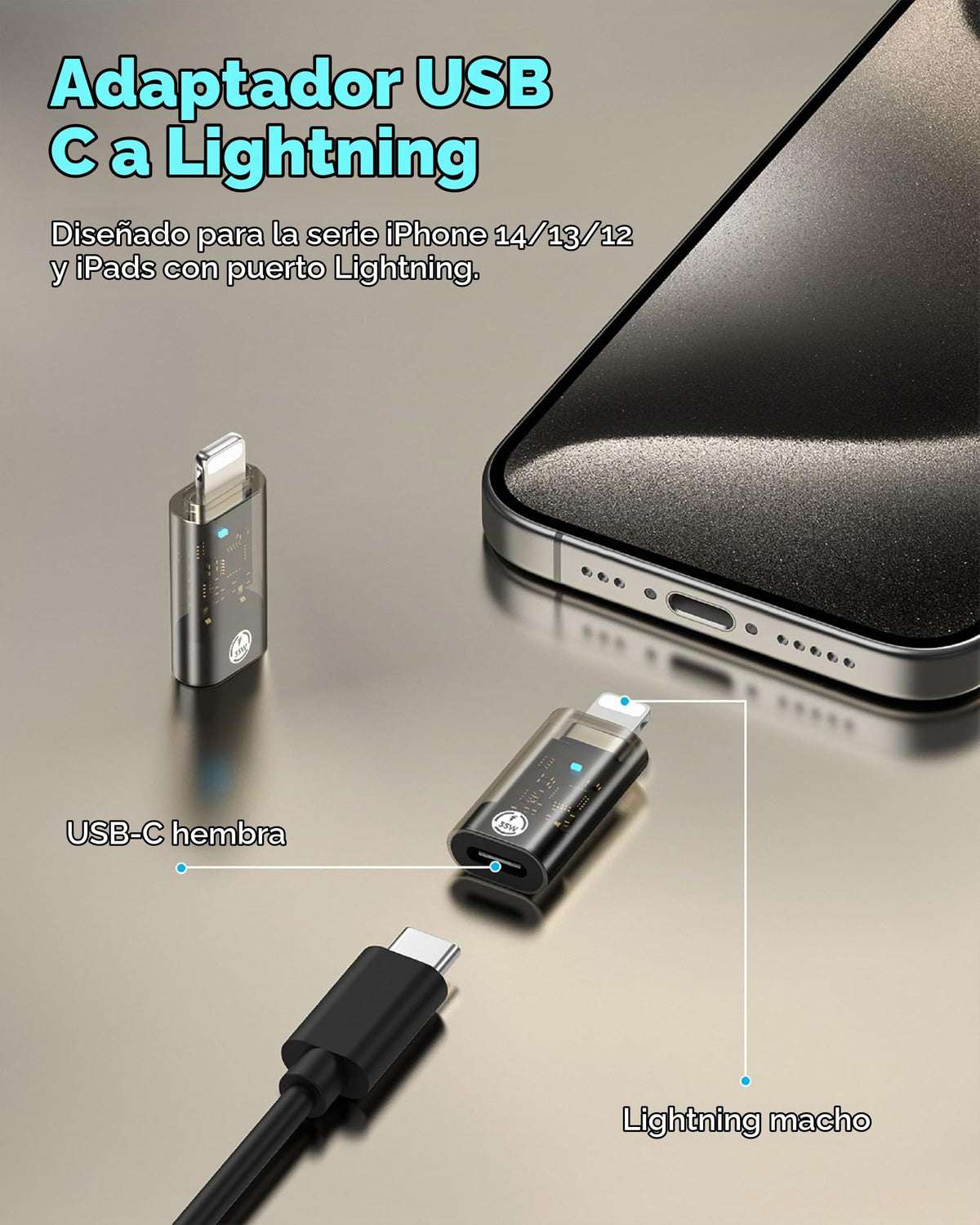 Adaptador USB C a Lightning Moko Compatible con 35 W de Carga Rápida y Sincronización de Datos para iPhone y iPad