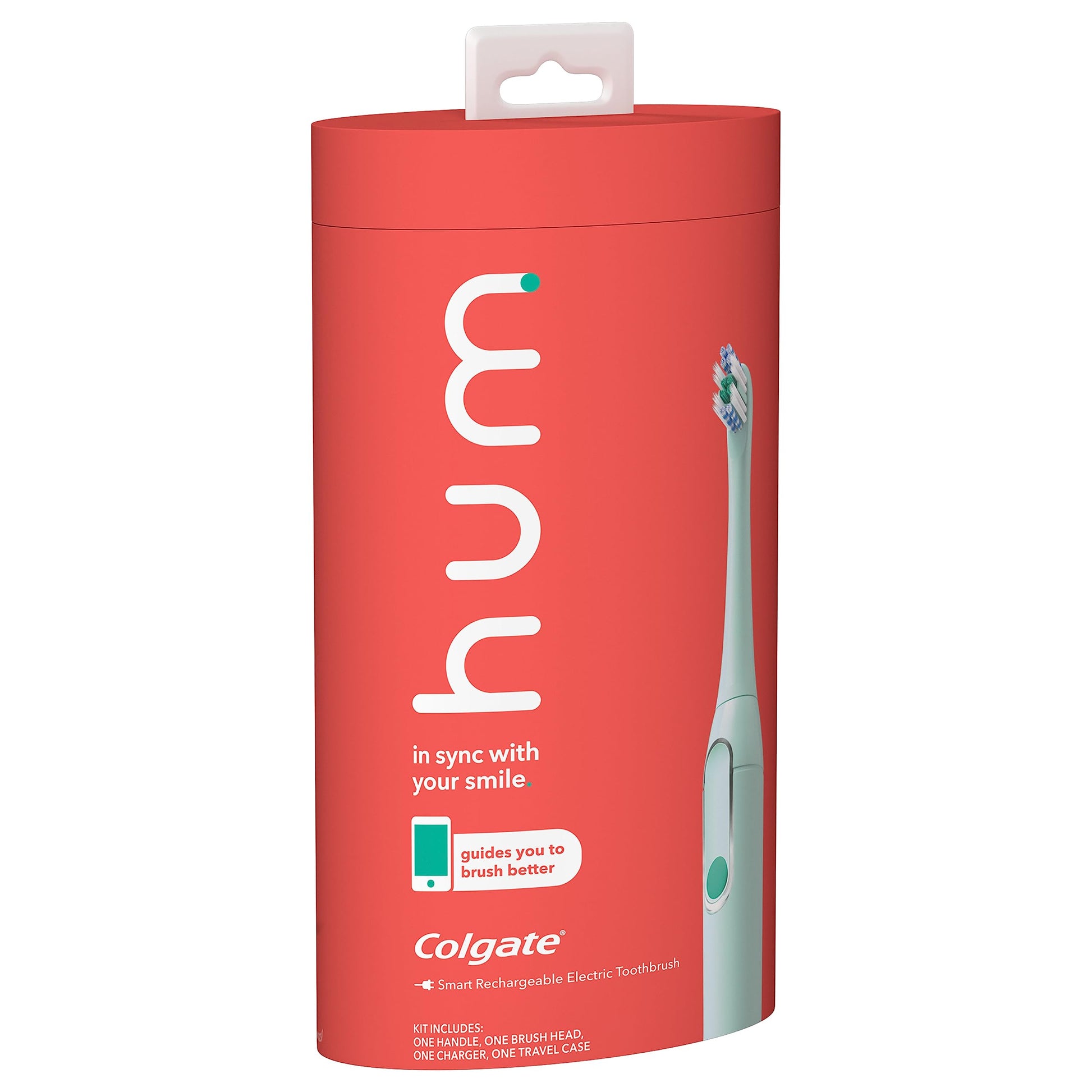 hum by Colgate Kit de cepillo de dientes eléctrico inteligente, cepillo de dientes sónico recargable con estuche de viaje, verde azulado