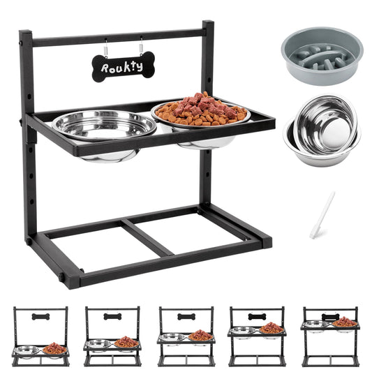 ADENGL Cuencos elevados para perros con comedero lento, 5 alturas ajustables (4-12 pulgadas), 2 cuencos de acero inoxidable, para perros medianos y grandes