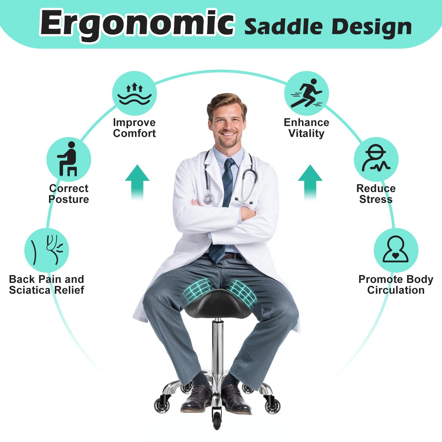 Taburete de Sillín Ergonómico con Ruedas, Cojín Grueso Mejorado, Corrección de Postura, Ajustable, Resistente 400 Libras, para Salón de Masaje y Hogar