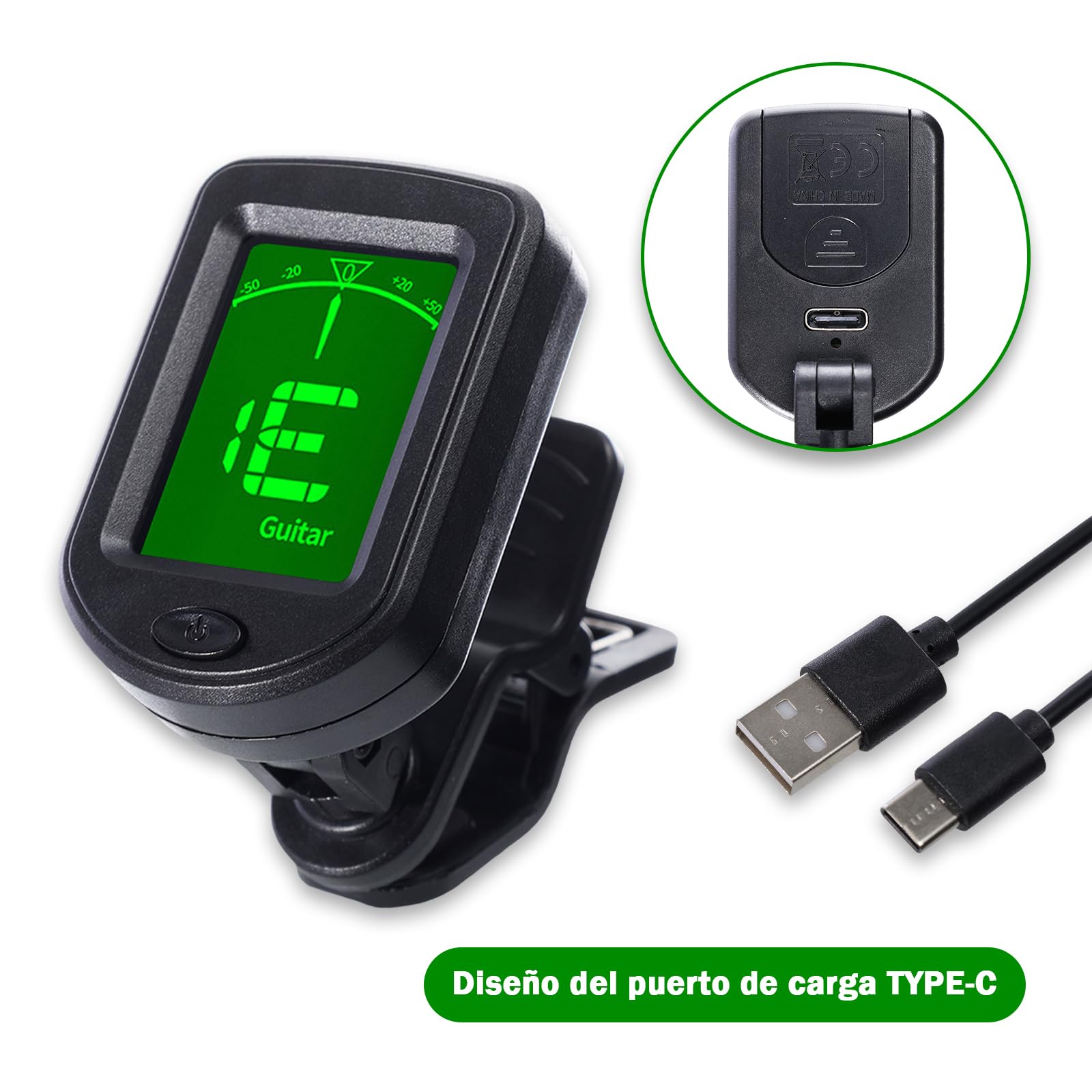 Afinador de Guitarra, Afinador de Guitarra con Pantalla LCD, Afinador Electrónico con Clip para Guitarra Acústica, Guitarra Eléctrica, Violín, Recargable (Afinador de Guitarra(recargabilidad))