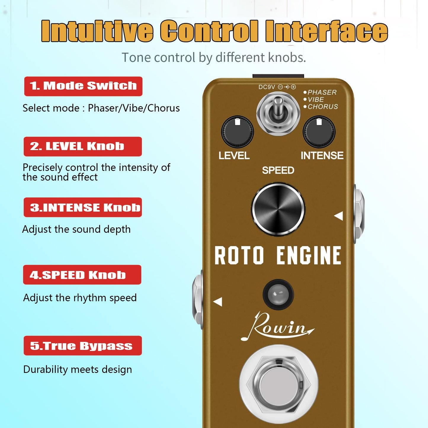 Rowin ROTO ENGINE - Pedal de efectos de simulador de altavoz rotativo Mini pedal de efectos de guitarra digital Phaser/Vibe/Chorus 3 modelos con almacenamiento de pedal de sonido Timbre True Bypass