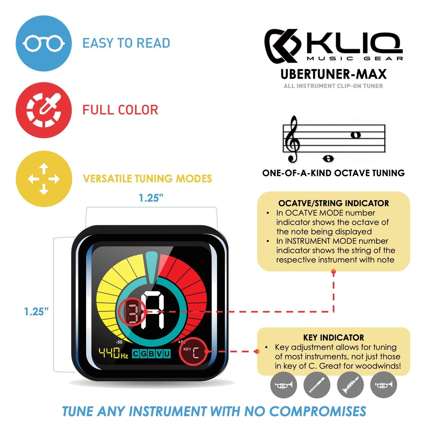 KLIQ UberTuner-Max, sintonizador de clip recargable por USB para guitarra, bajo, violín, ukelele y todos los instrumentos, afinación cromática rápida y precisa con visualización de octava y detección