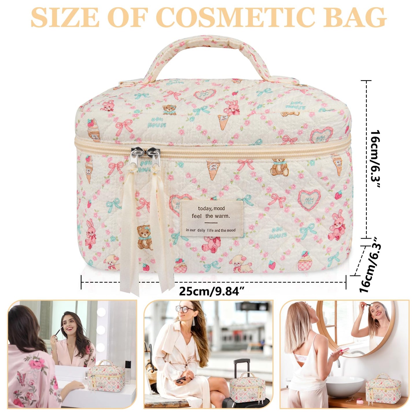 Bolsa de maquillaje grande, bonita bolsa de cosméticos para mujeres y niñas, bolsa de aseo estética de coqueta floral, bolsa organizadora de maquillaje de viaje, Oso de amor, Oso de amor