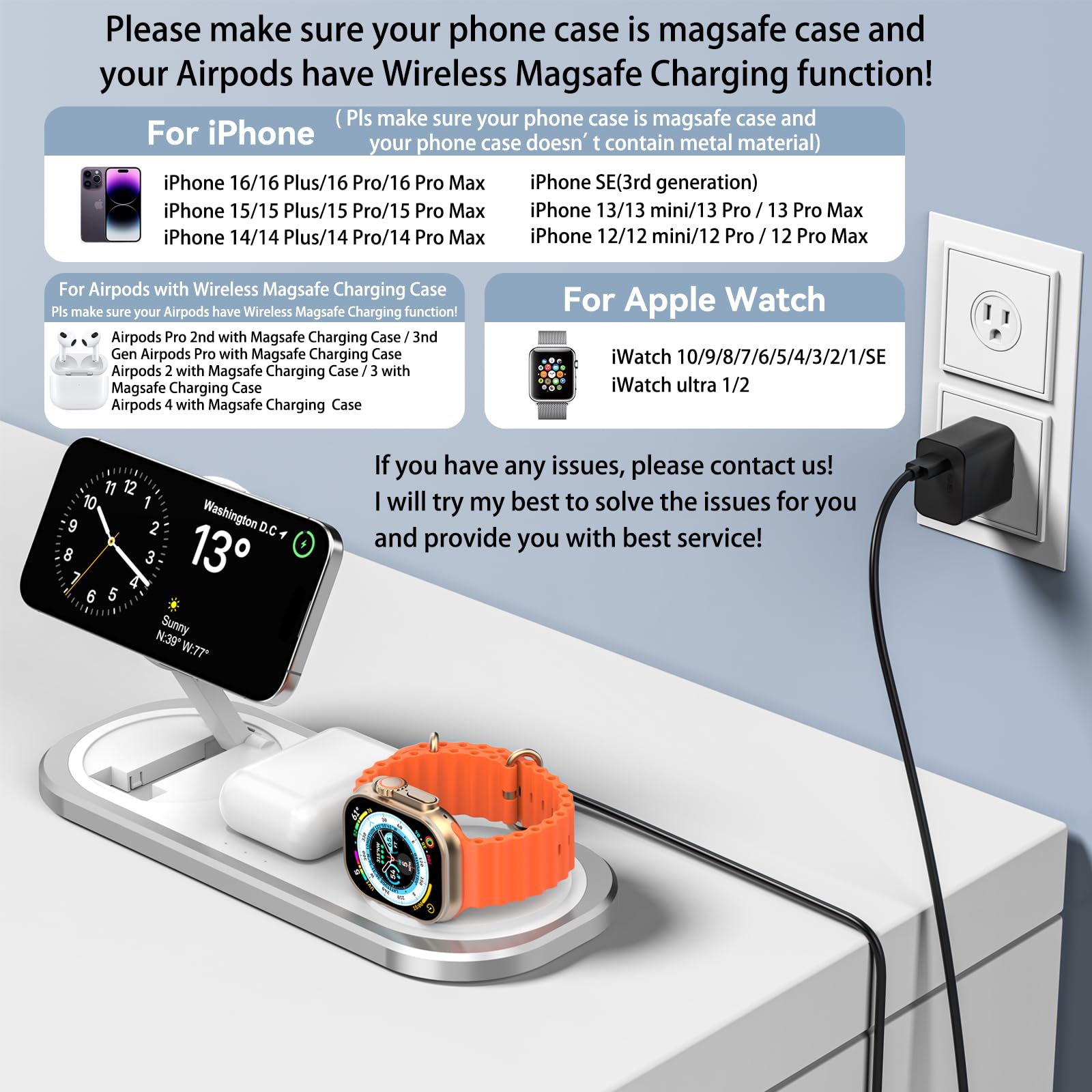 Cargador inalámbrico 3 en 1, estación de Carga Plegable para Magsafe para iPhone 16/15/14/13/12/Pro MAX/Pro/Mini/Plus, para Apple Watch 10/9/8/7/SE/6/5/4/3/2/1/Ultra2/Ultra, para AirPods pro/2/3/4