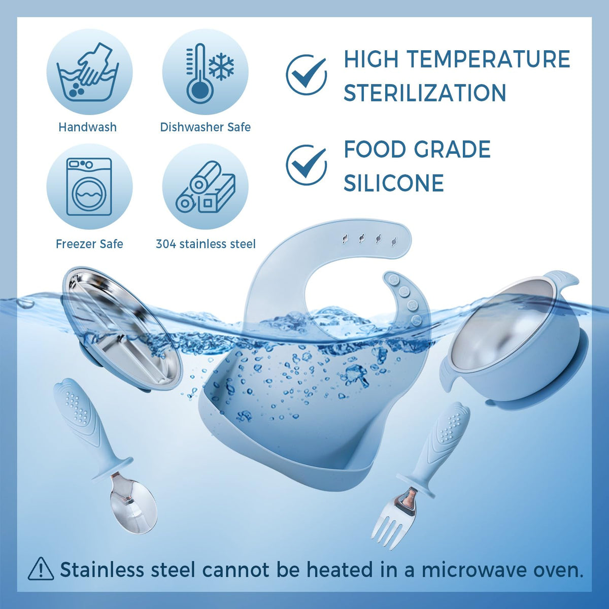 Juego de 7 piezas de acero inoxidable 304 para bebés y niños pequeños, platos divididos con succión, cuencos, tenedor de cuchara de silicona y acero inoxidable, babero de bolsillo irrompible, apto