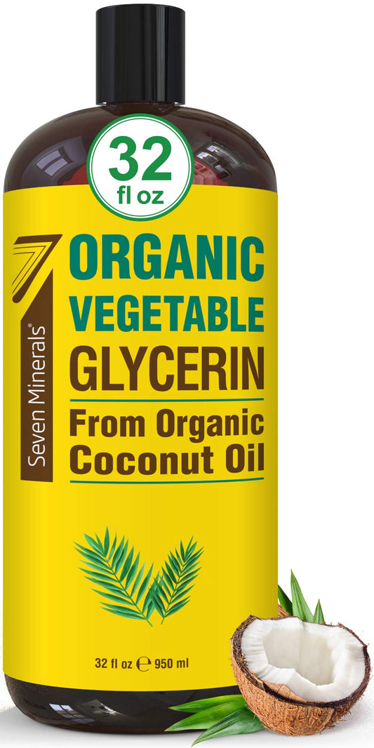 Seven Minerals- Glicerina vegetal orgánica - Botella grande de 32 fl oz - Sin aceite de palma, elaborada con aceite de coco orgánico - Th