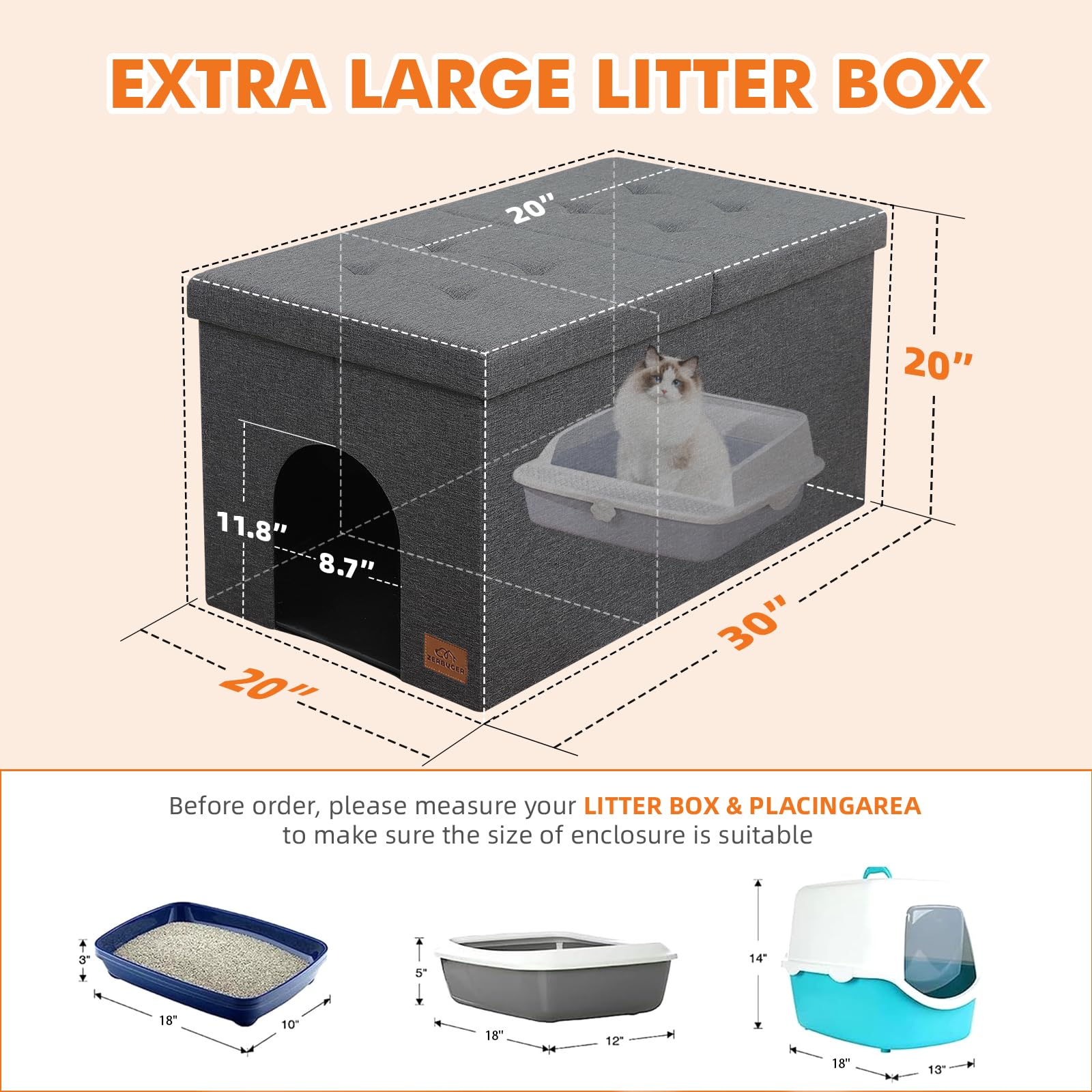 Caja de arena para gatos, caja de arena oculta, tapa abatible extragrande, clóset de almacenamiento para bancos de baño para gatos, a prueba de perros, fácil montaje, gris (mediano (30 x 20 x 20