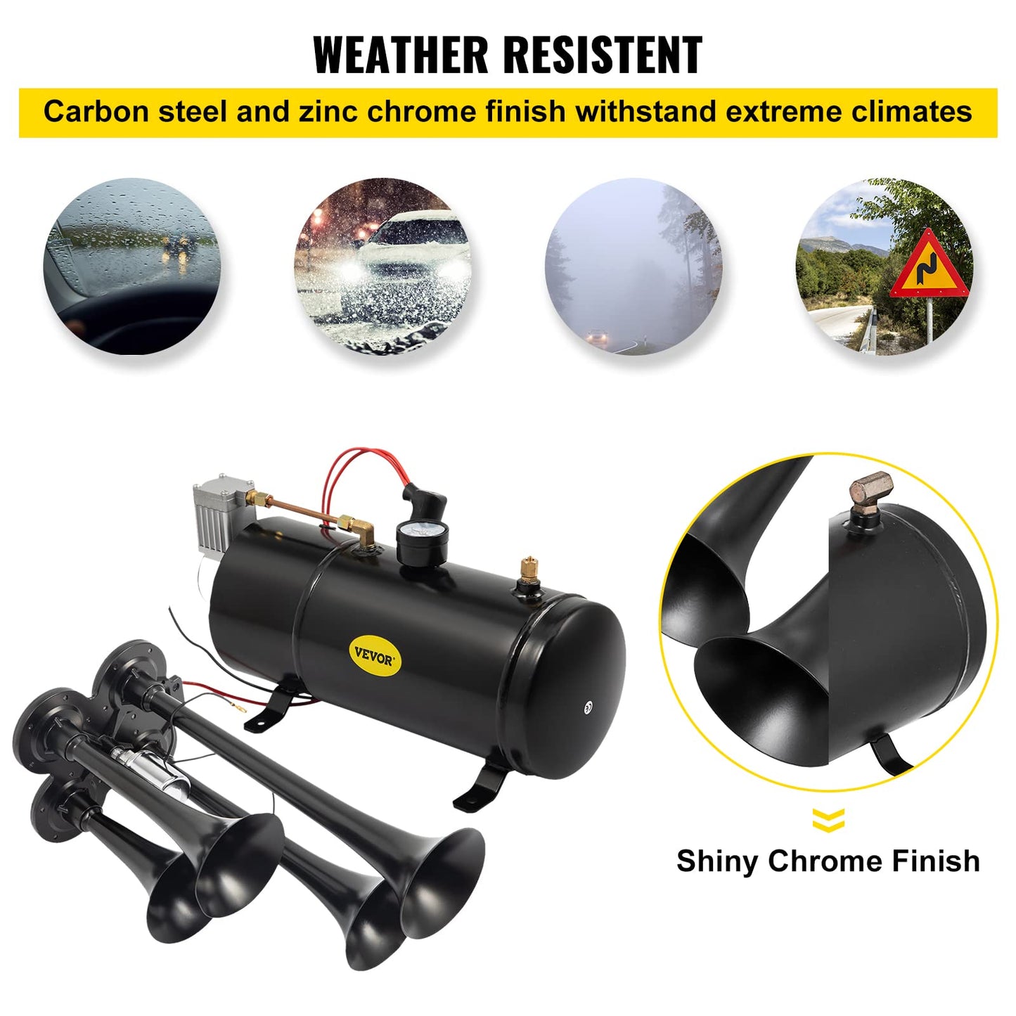 VEVOR Kit de bocinas de tren de 150 dB, 4 trompetas súper fuertes con compresor de aire de 120 PSI 12 V, tanque compresor de aire para cualquier vehículo, camión, coche, Jeep o SUV (negro)