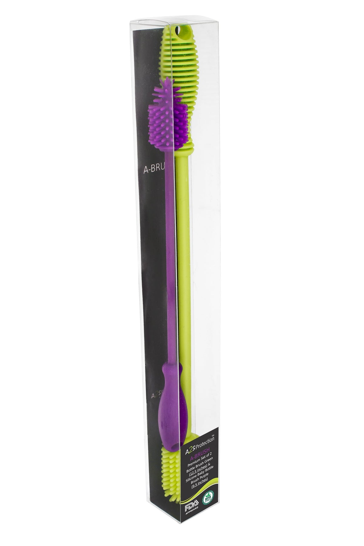 A-Brush - cepillo para polvo limpiador de botellas de silicona, juego de 2 piezas, flexible, mango largo, limpiador de botellas de agua, cepillo para polvo para pezones de biberón para plástico y