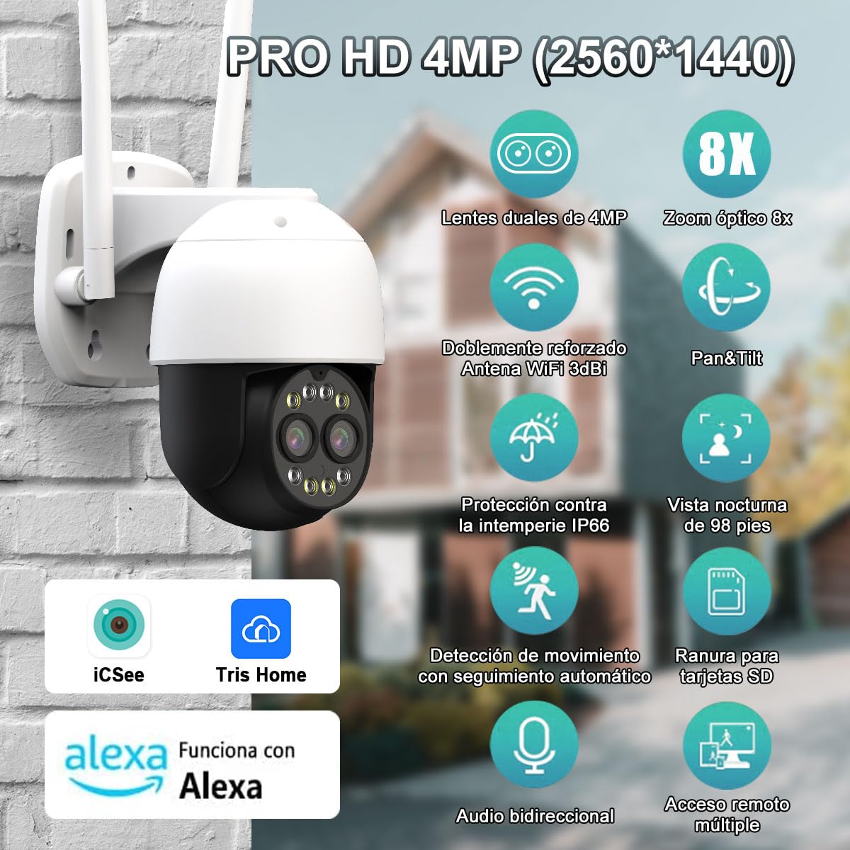 Cámara de Seguridad Exterior EASYTAO 9825G WiFi Lentes Duales Zoom Óptico 8X Visión Nocturna Audio Bidireccional Detección de MOV Compatible con Alexa