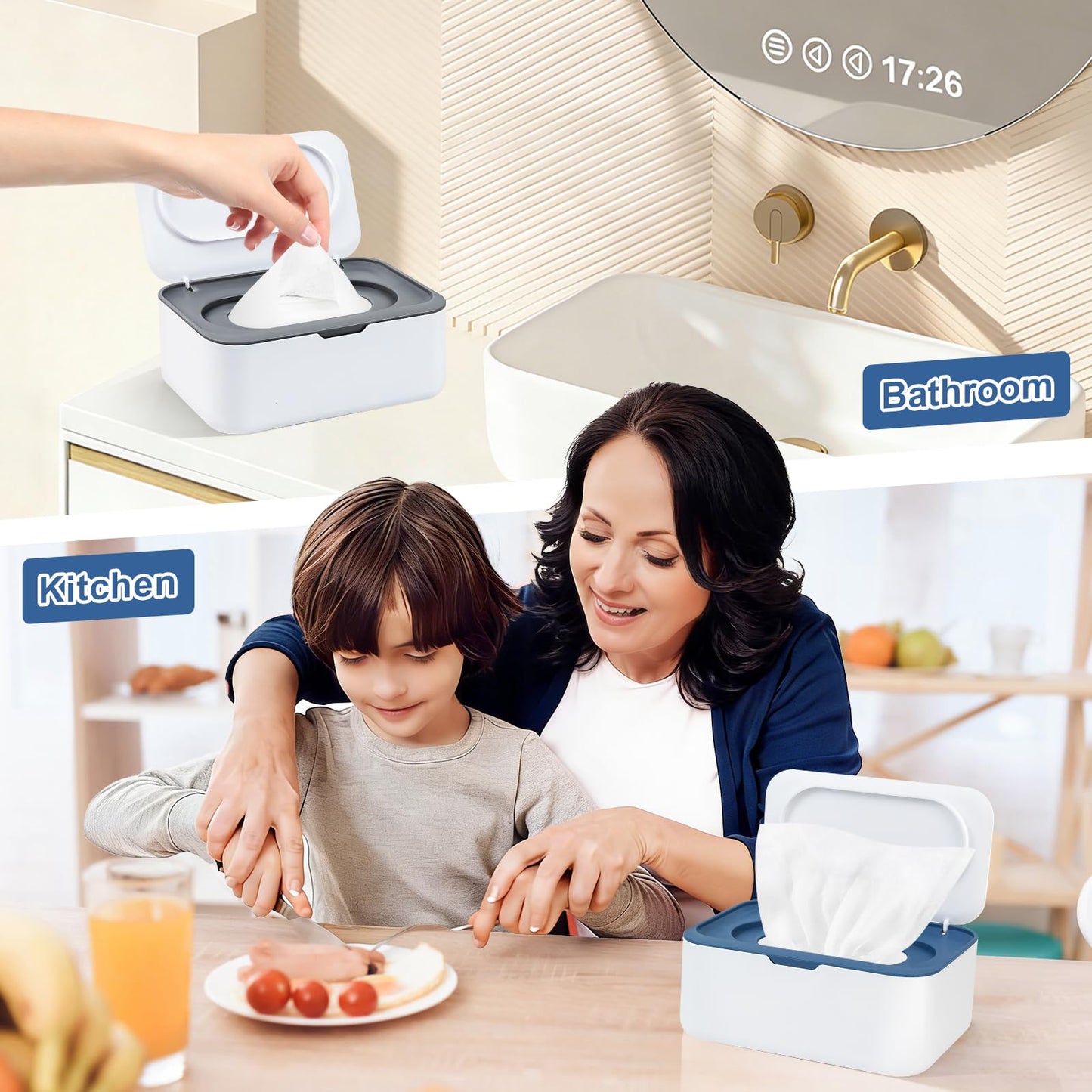 Dispensador de toallitas reutilizables, contenedor de toallitas recargables, fácil de abrir y cerrar con tapa para baño, bebé, guardería, cocina, oficina, viajes (azul/gris)
