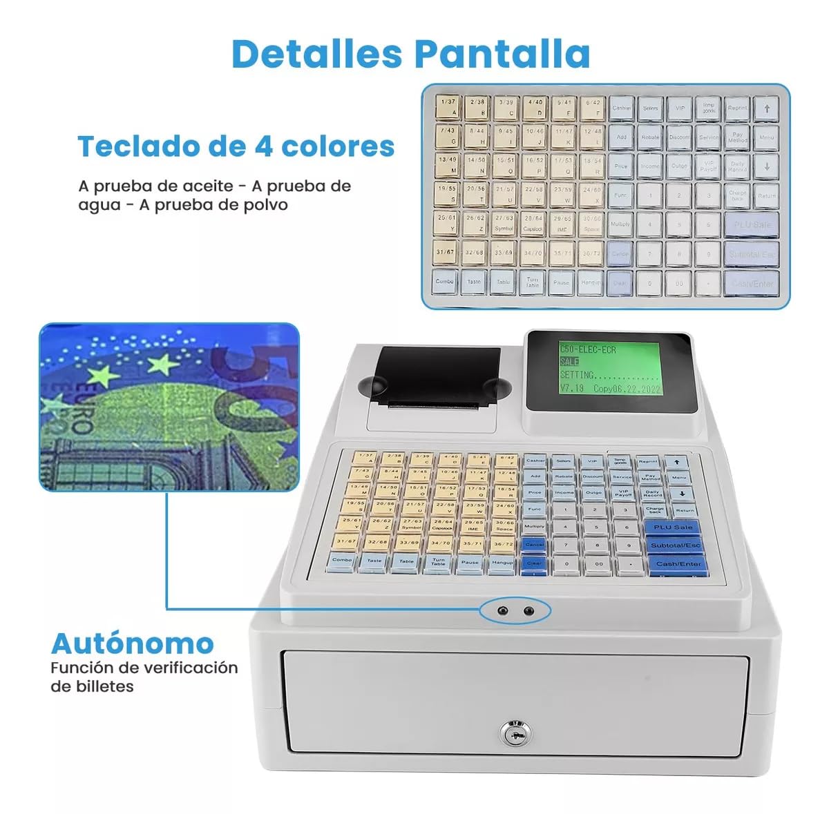 Caja Registradora Comercial, Caja Registradora Electrónica LED de 8 Dígitos, Detector de Moneda con Luz Violeta, Impresora Térmica con Cajón y Teclado, Adecuada para Pequeñas Empresas, Supermercados