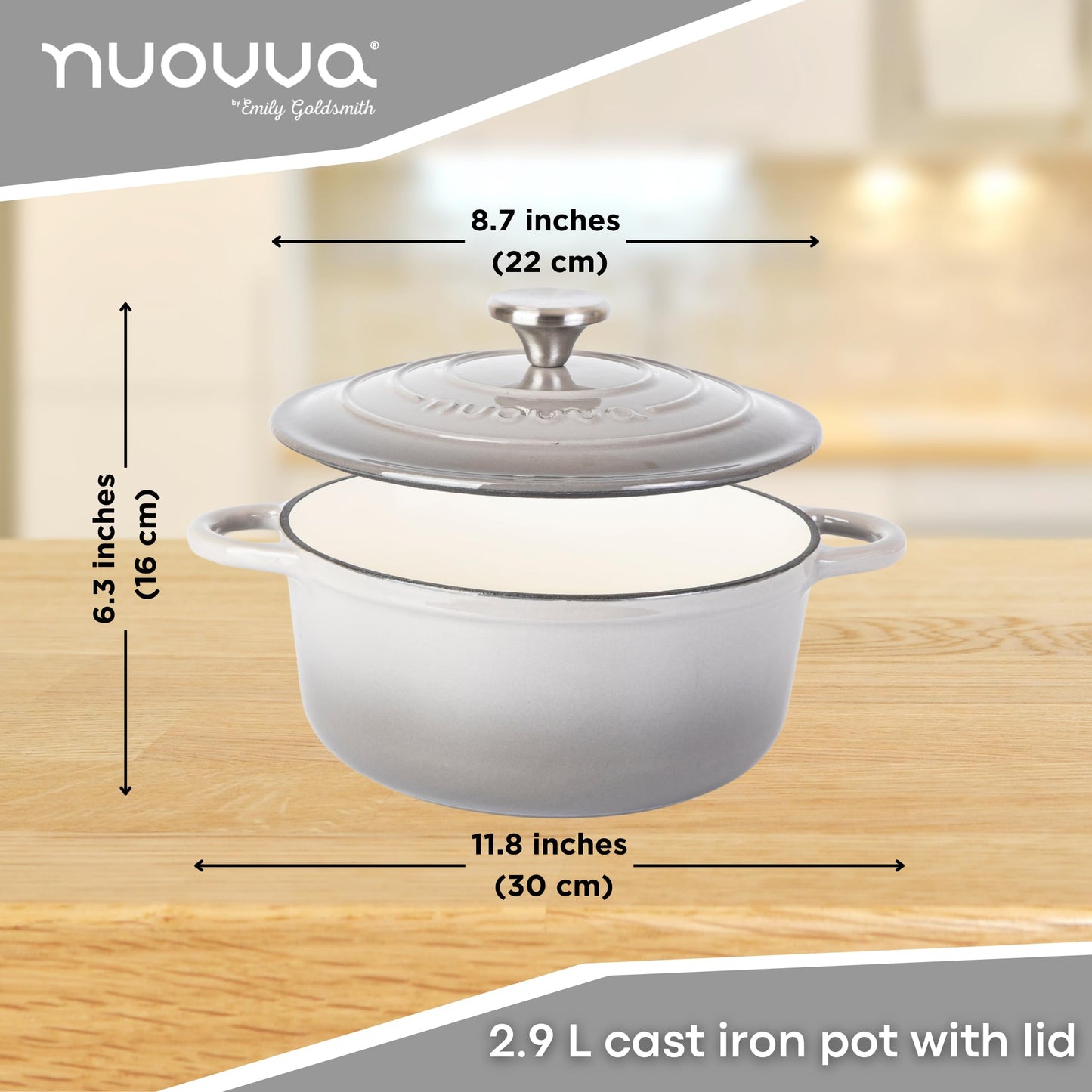 Nuovva - Horno holandés de hierro fundido con tapa - Cacerola esmaltada antiadherente - Utensilios de cocina resistente para horno holandés - Gris, 3.1 cuartos de galón, 22 cm