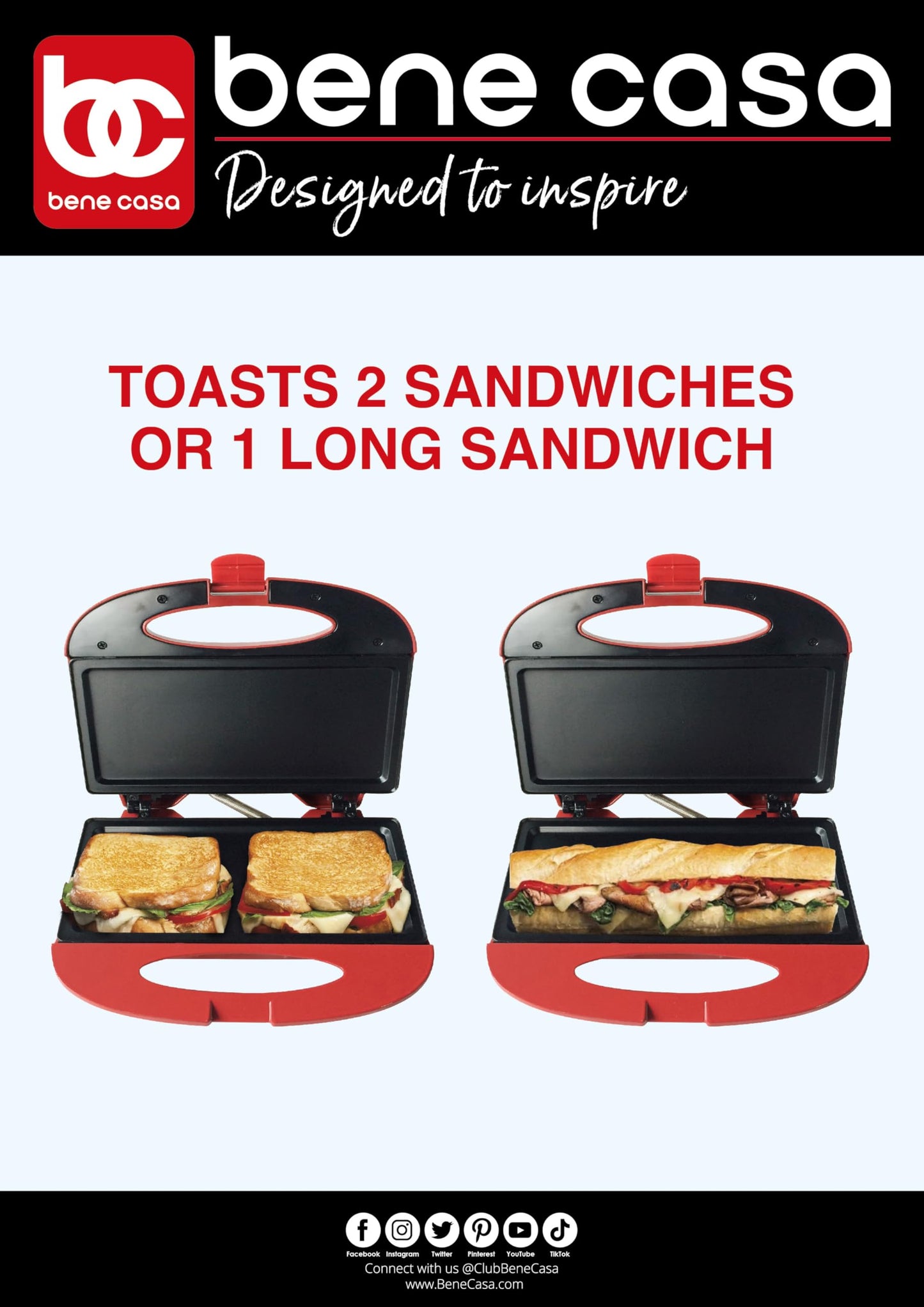 Bene Casa - Sandwichera de parrilla plana antiadherente roja - Incluye asas de tacto frío y superficie de cocción de aluminio fundido a presión