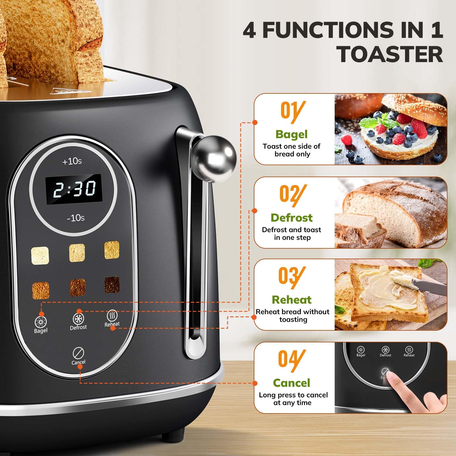 Keenstone tostador inteligente de visualización táctil de 2 rebanadas, tostador retro de acero inoxidable con 6 niveles de dorado, recalentar y descongelar, para bagel, tostado, pan, bandeja extraíble