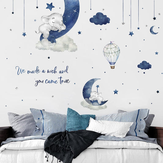 Calcomanías de Pared Yovkky Elefante Azul y Gris Diseño de Flores Acuarela y Globos para Bebé