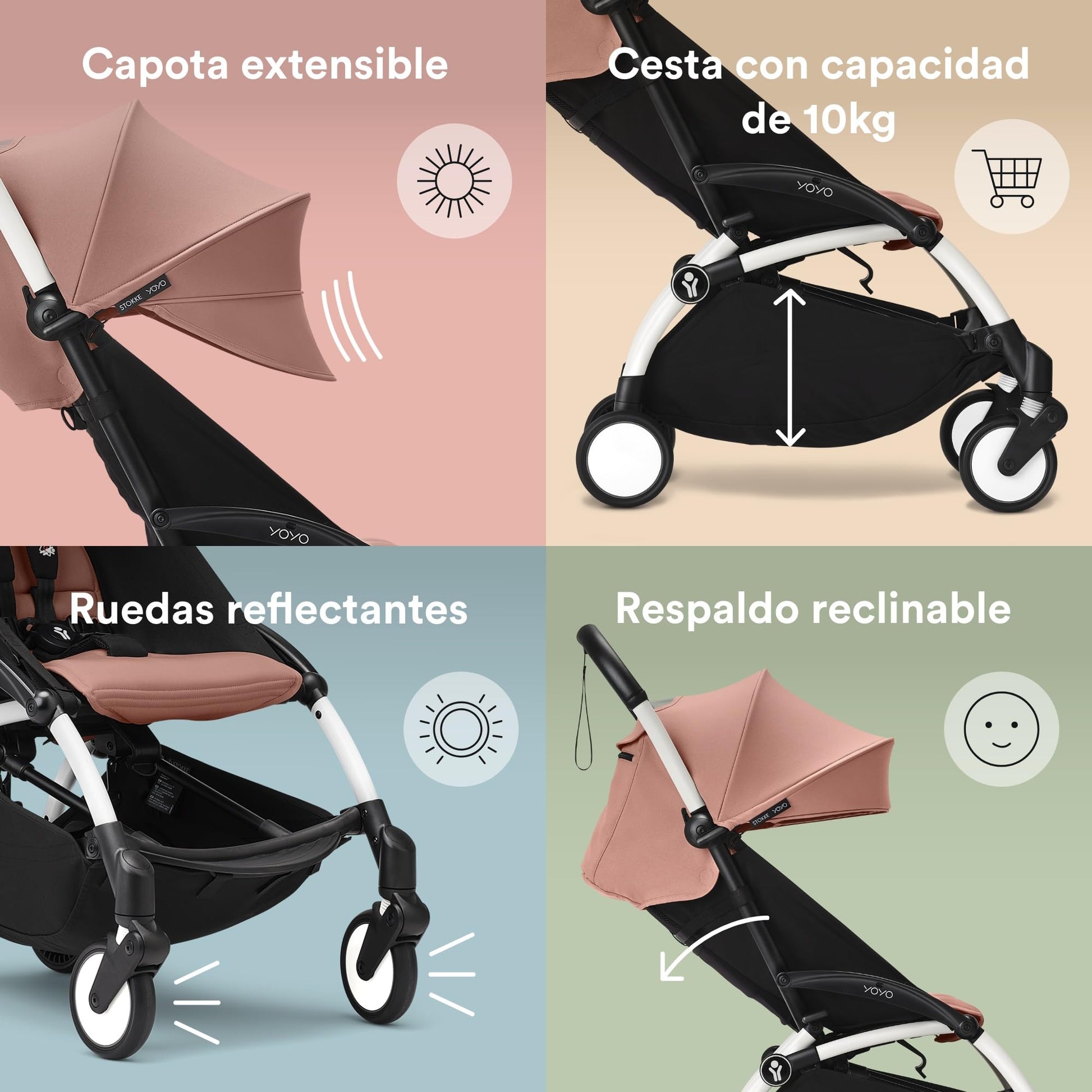 Carriola Stokke YOYO3 a partir de 6 meses - Incluye chasis blanco/cojín de asiento Ginger + dosel - Se pliega y despliega en un instante - Ligera y compacta - Compatible con equipaje de mano