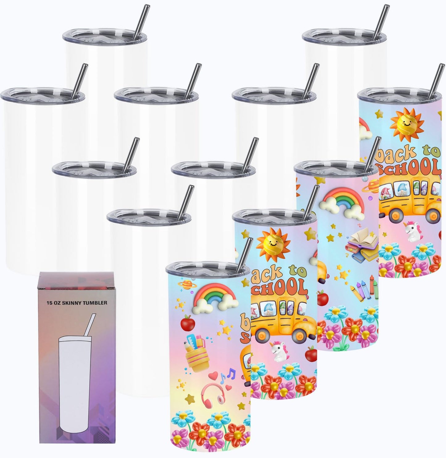 Wzaytia - Vasos de sublimación de 15 onzas en blanco (paquete de 12), vasos de sublimación para niños delgados y rectos a granel, en caja de regalo individual