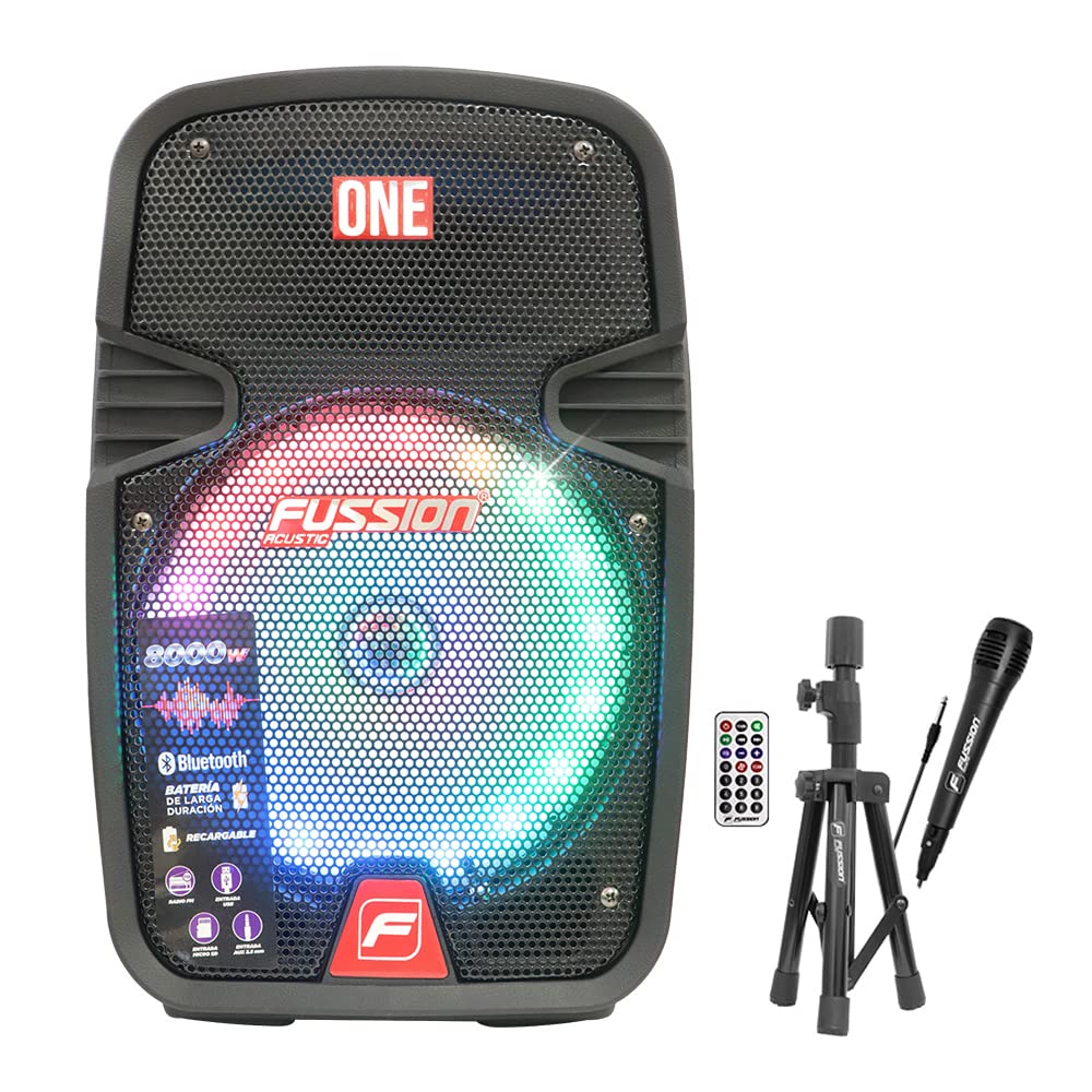 FUSSION ACUSTIC Bafle Recargable 8" PBS-8027 con Micrófono y Trípode | Bocina Bluetooth 8000W, LED Multicolor, USB, MicroSD y FM