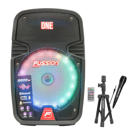 FUSSION ACUSTIC Bafle Recargable 8" PBS-8027 con Micrófono y Trípode | Bocina Bluetooth 8000W, LED Multicolor, USB, MicroSD y FM