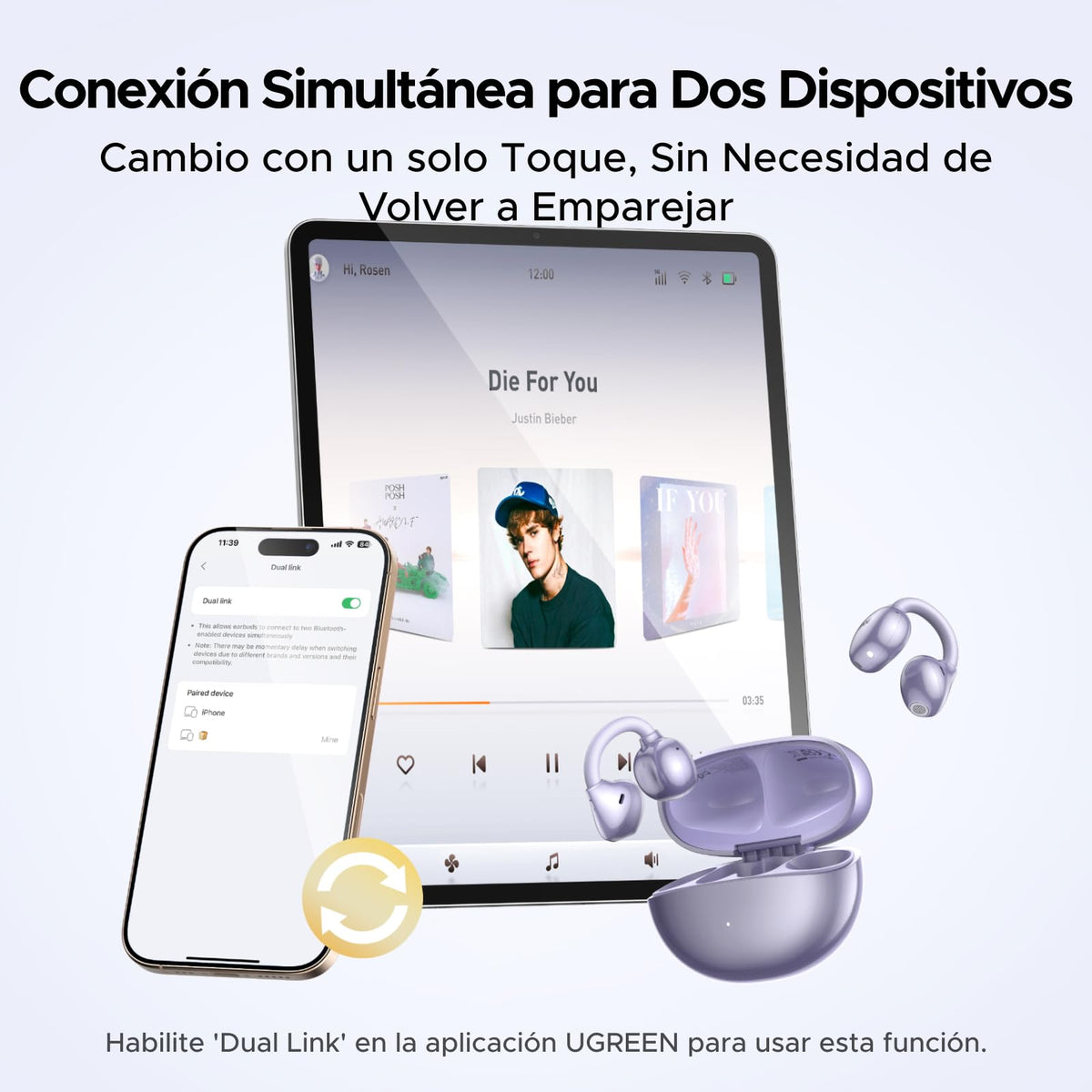 Audífonos Inalámbricos UGREEN Púrpura con 4 Micrófonos y Control por App para Deportes