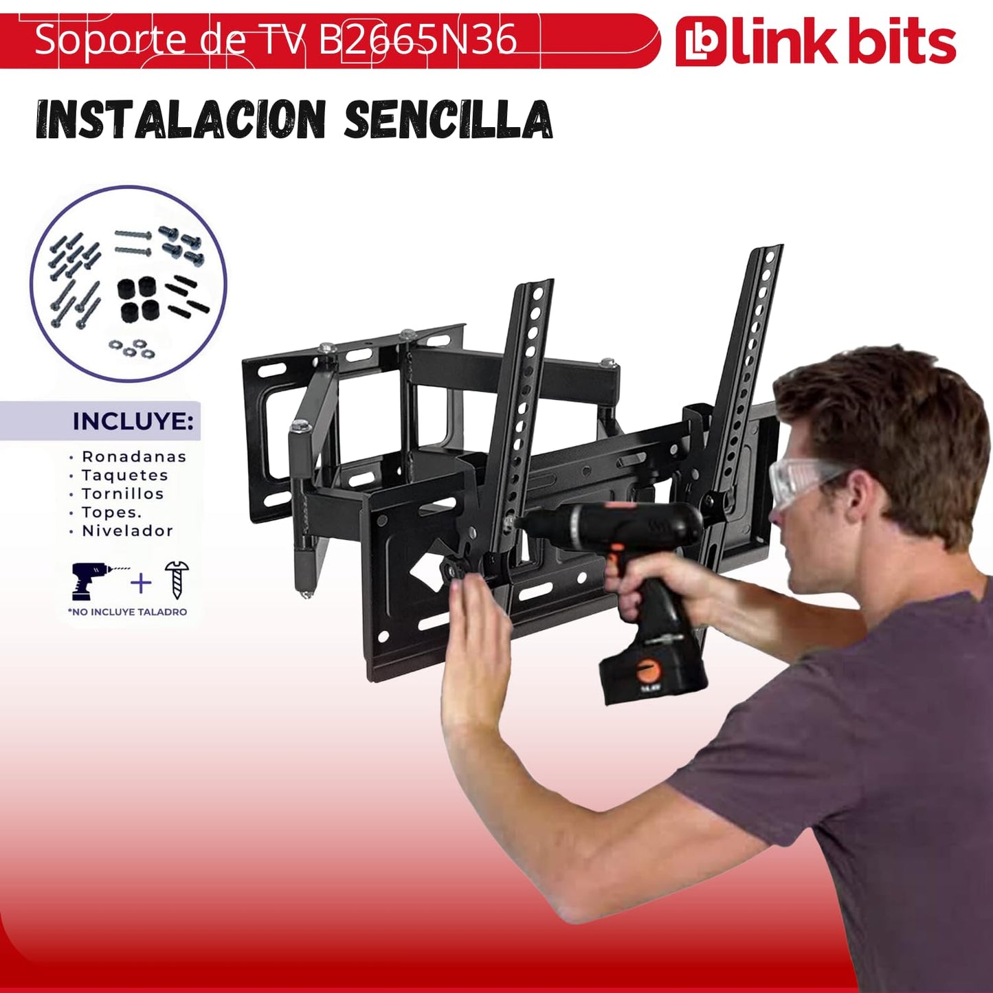 LINK BITS B2665N36 Soporte de TV movible con Brazo para Pantallas de 26” a 65” Pulgadas, hasta 50 Kg (Materiales Reforzado).