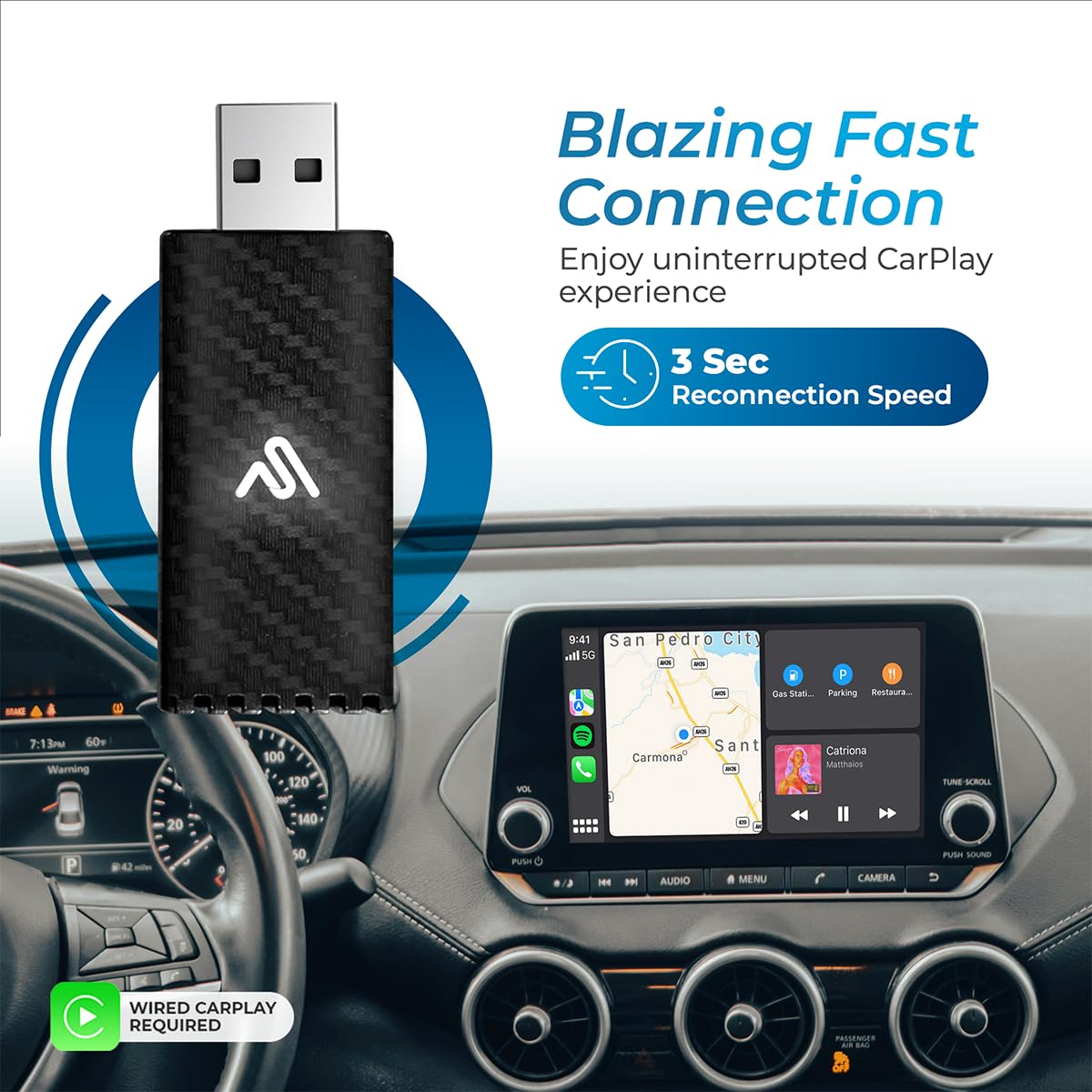 AutoSky Wireless CarPlay Adapter 2023 Pro Edition - Fastest and Most Compact- AutoSky - Factory Wired CarPlay Cars – USB-A and USB-C Cables – Wired CarPlay Required