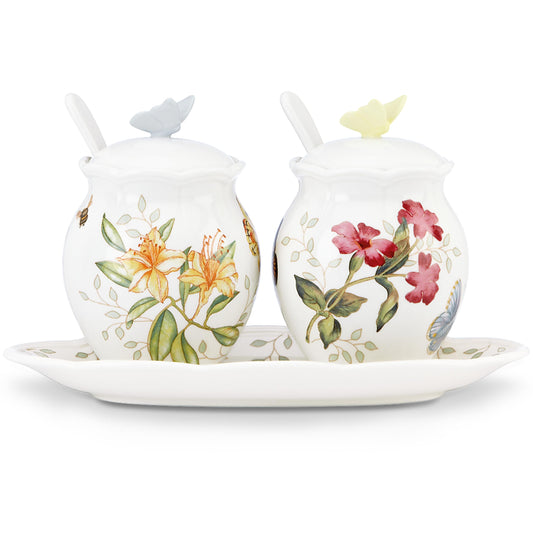 Lenox Salero y pimentero de porcelana fina, diseño floral y mariposa, Set de condimentos, 7 piezas, Blanco, 1