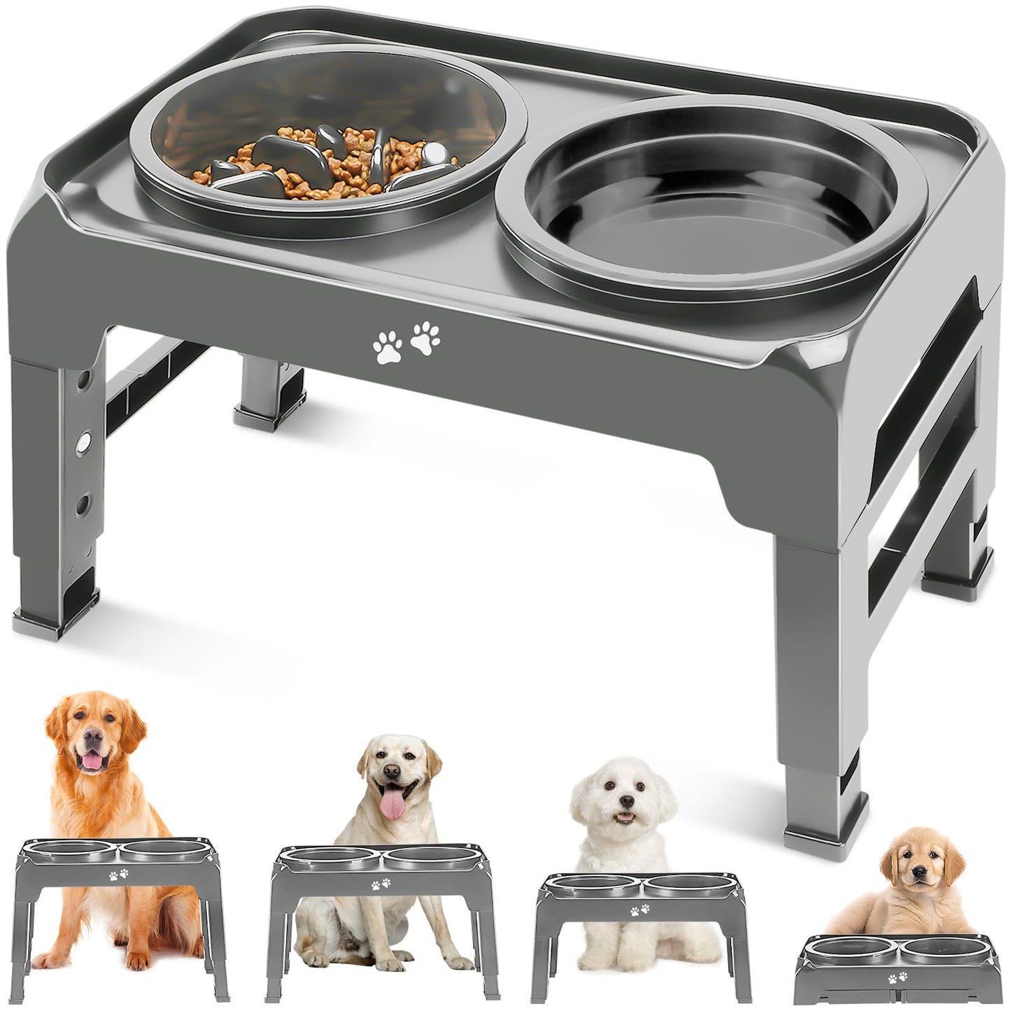 COMESOON Cuencos elevados de alimentación lenta para perros 4 cuencos elevados 2 en 1 de altura ajustable para alimentos y agua comedero antideslizante para perros medianos y grandes se ajusta a 3.7