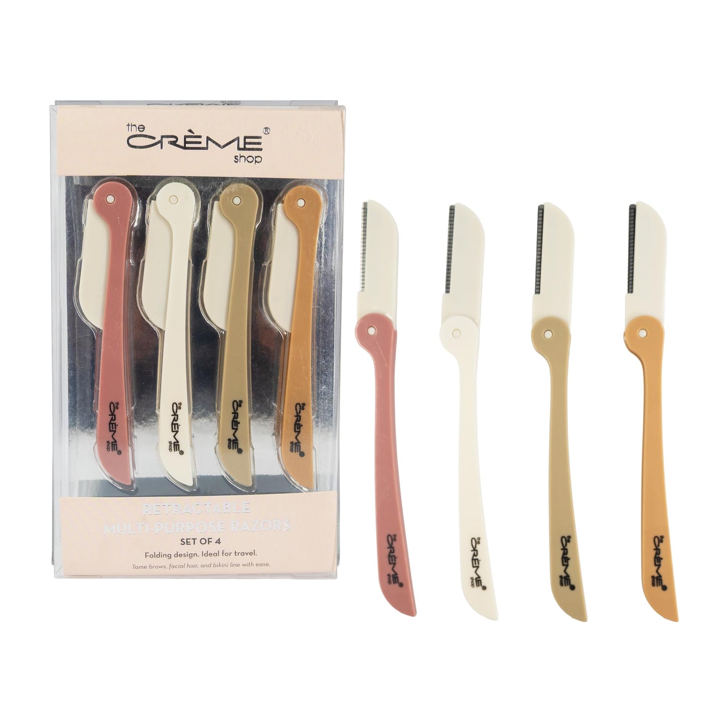 The Crème Shop Maquinillas de afeitar retráctiles multiusos para mujer – Juego de 4 maquinillas para rostro y cejas, herramienta para dermoabrasión | Artículos de aseo esenciales de tamaño viaje (rosa