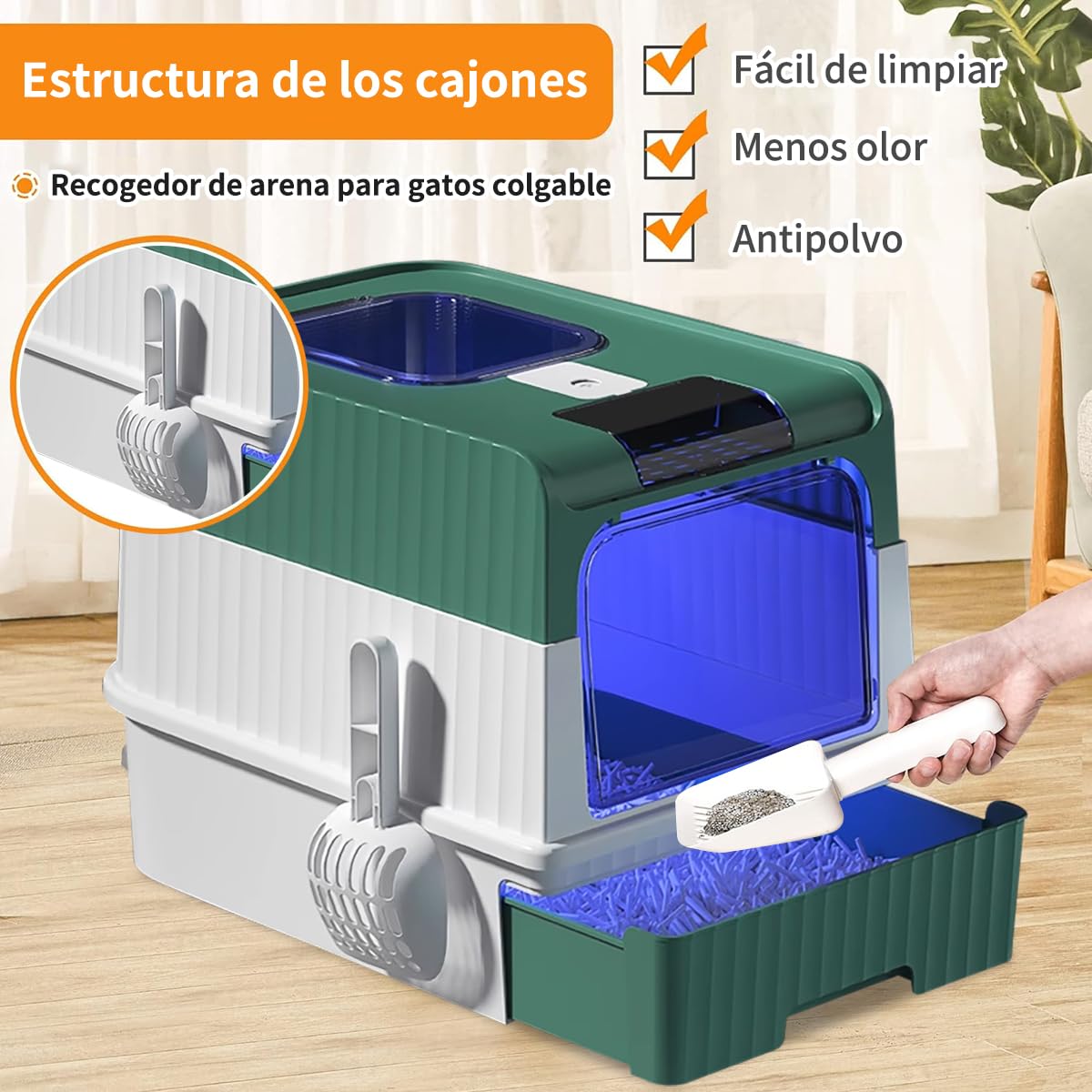 BNFU Caja de Arena para Gatos Plegable,50×35×15CM Grande Cerrado Plástico Orinal para Gato,Equipada con luz Ultravioleta y Pala para Arena, fácil de Limpiar, a Prueba de olores y Salpicaduras