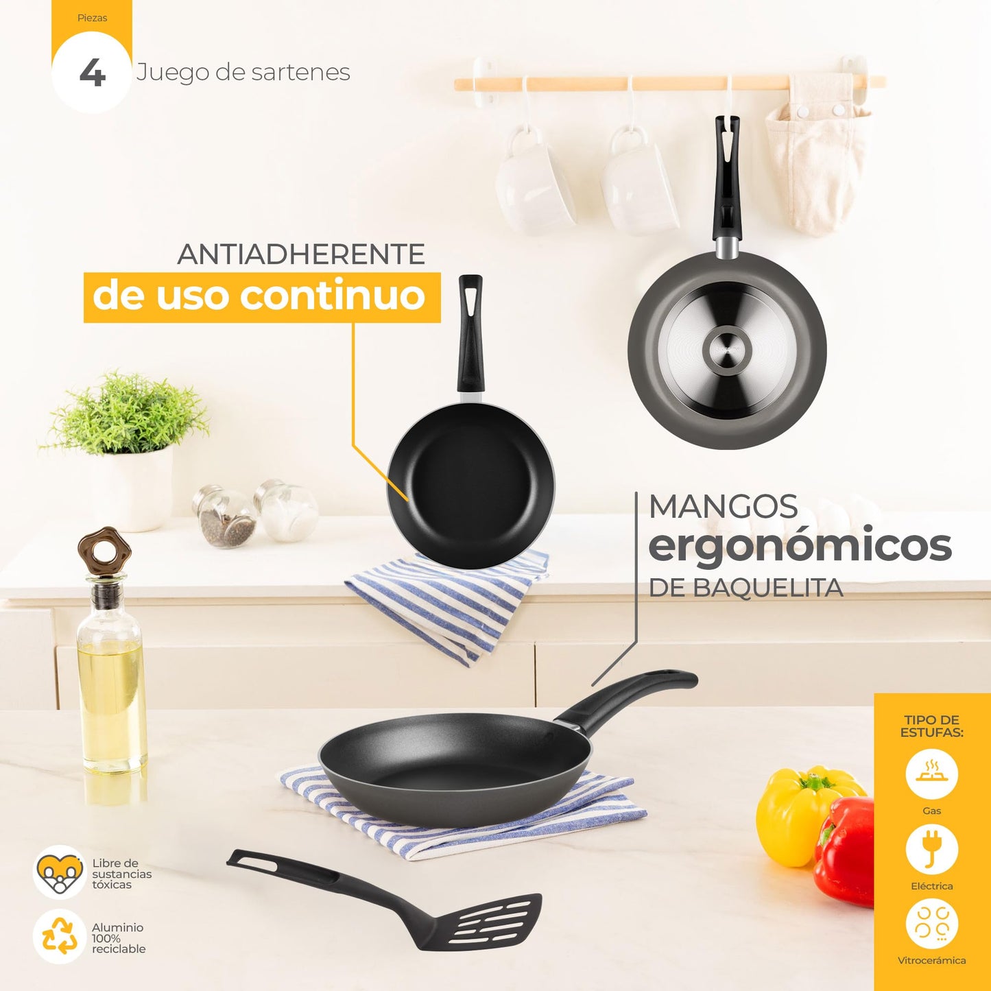 Juego de Sartenes de Aluminio Ekco Gris Antiadherente 4 Piezas